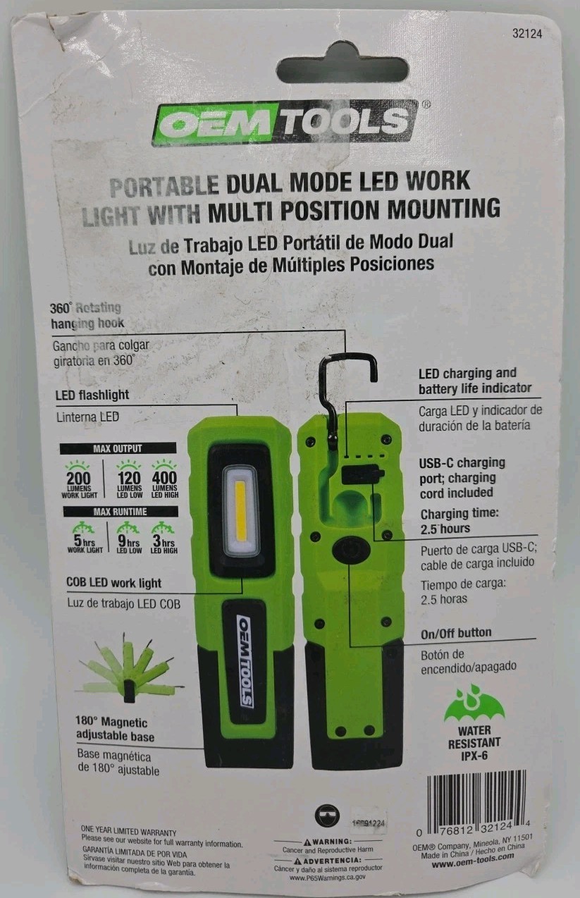 OEM TOOLS LED Dual Mode Rechargeable Work Light 32124 NEW