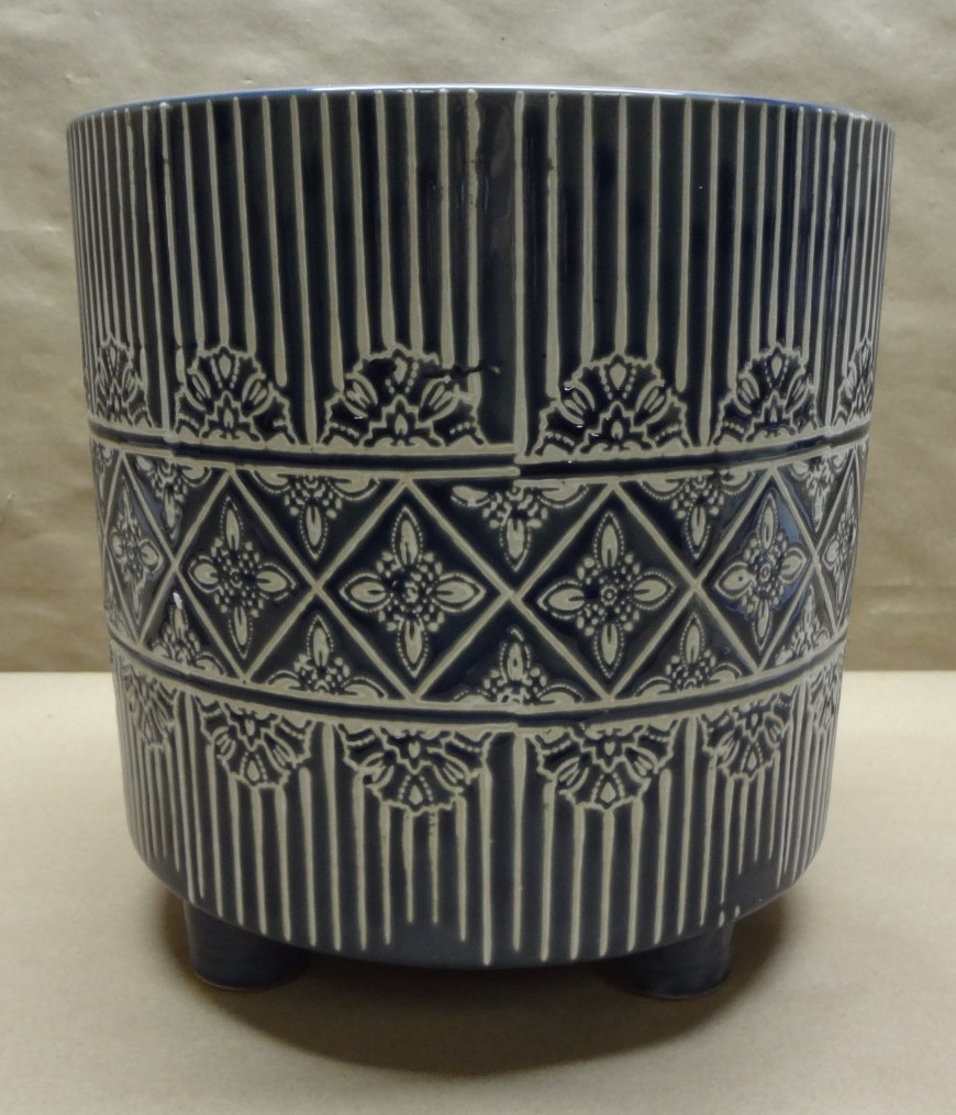 Storied Home Debossed Stoneware Footed Planter with Pattern, Blue and White