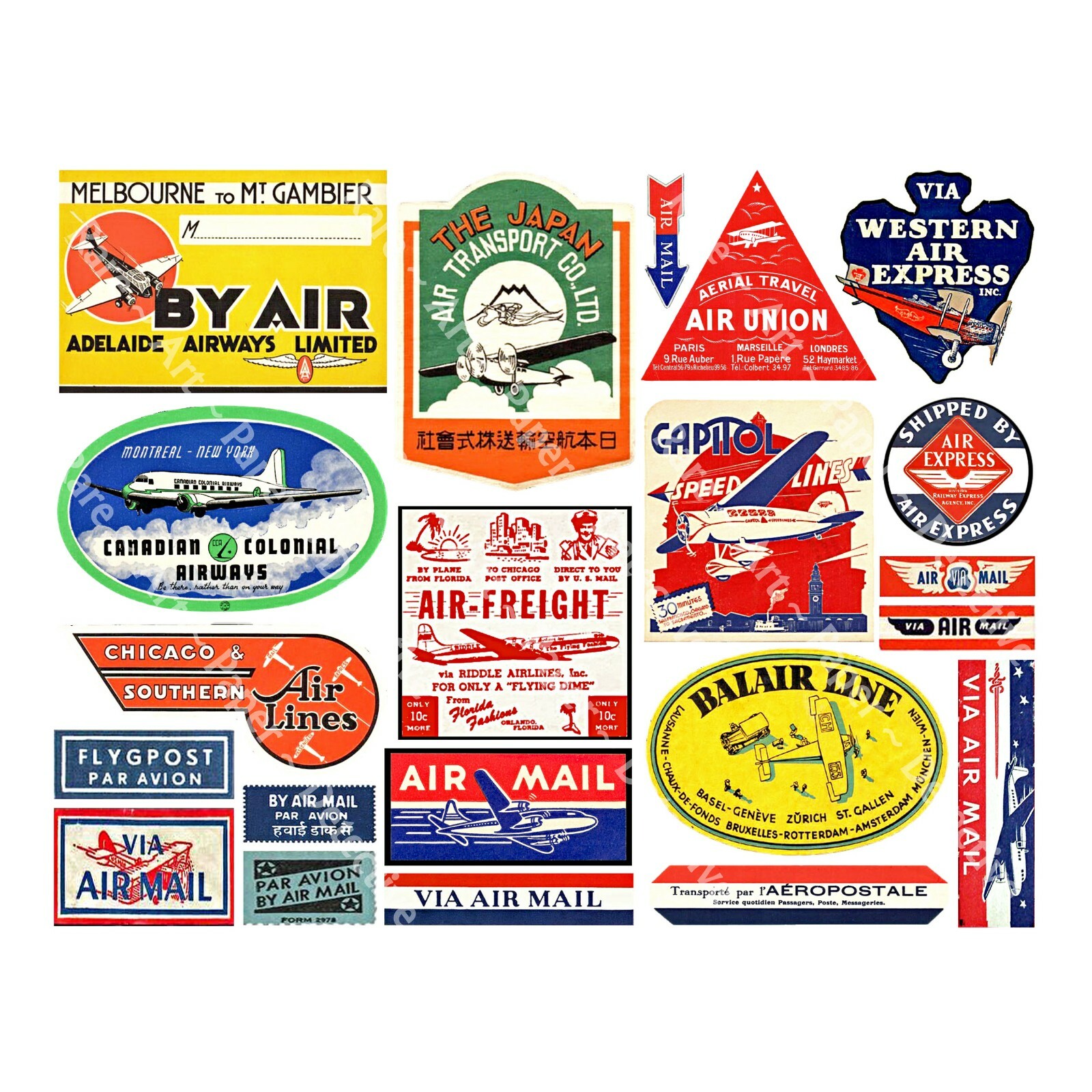 Airline Luggage Labels & Baggage Tags, Airmail Labels, 1 Sheet, REPRODUCTIONS