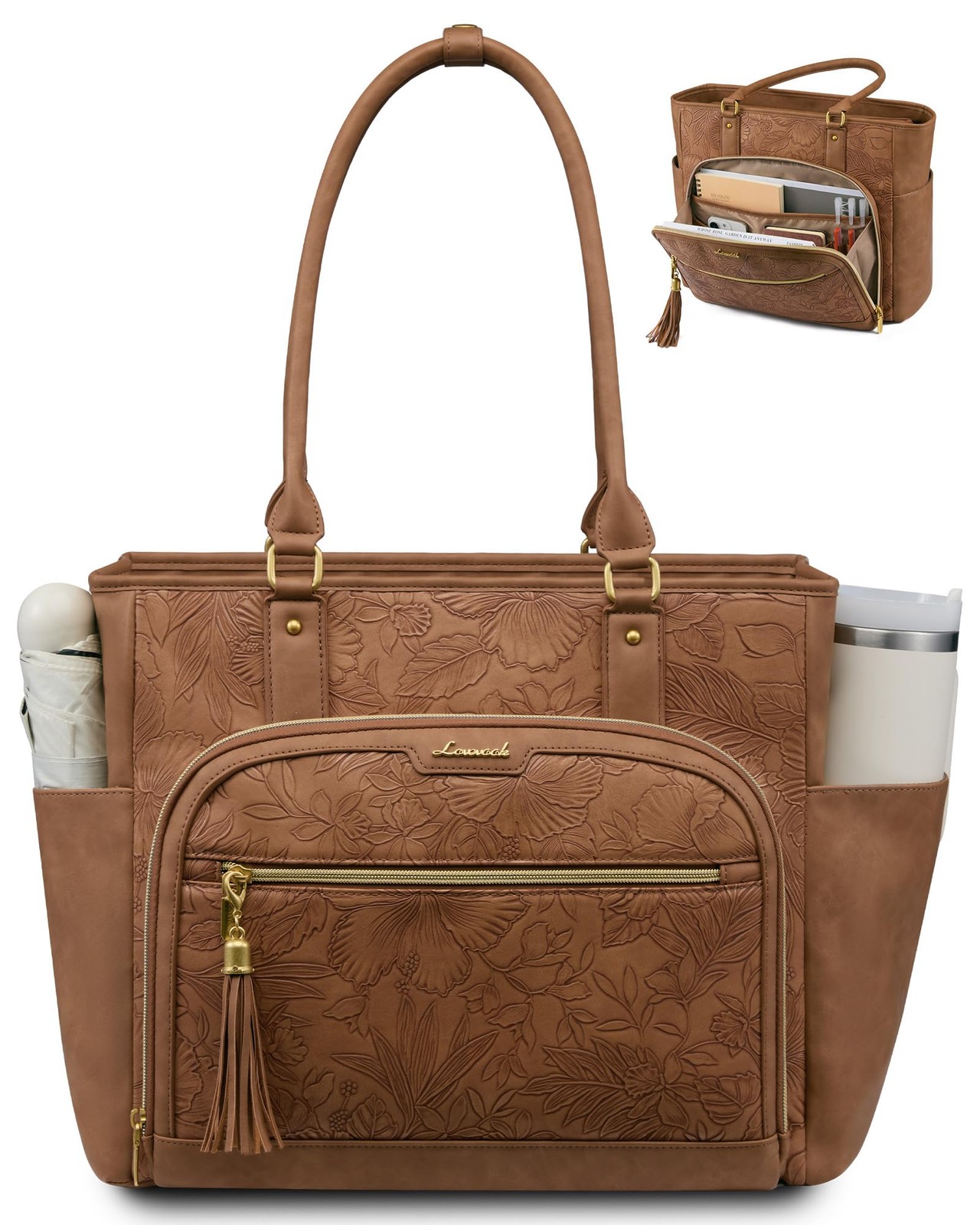 Laptop Tote Bag for With Large Cup Holder, Vintage Leather Work Tote Bag for ...