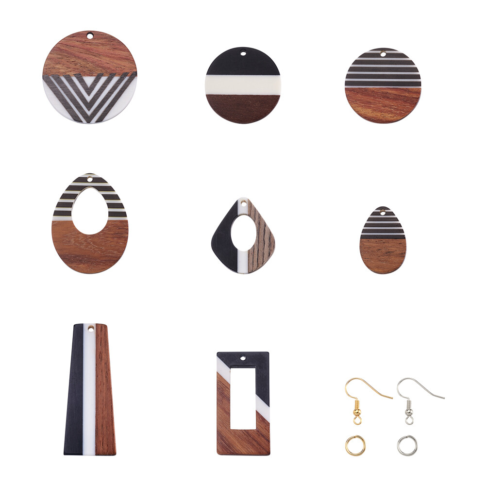 1Box Including Waxed Resin Walnut Wood Pendants Dangle Earrings DIY Making Kits