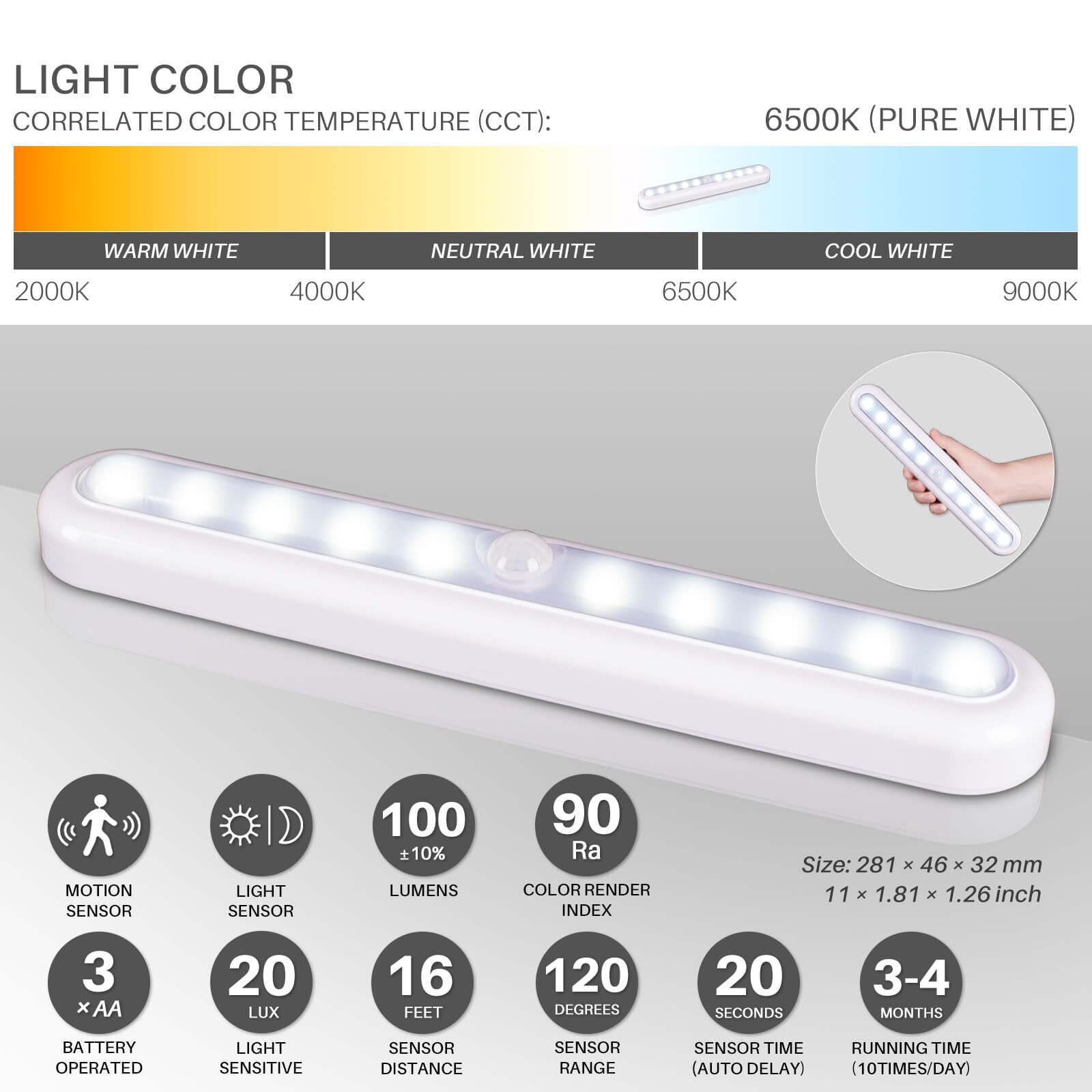 Motion Sensor Indoor Lights Battery Operated Stick on LED Cool White 2 Pack
