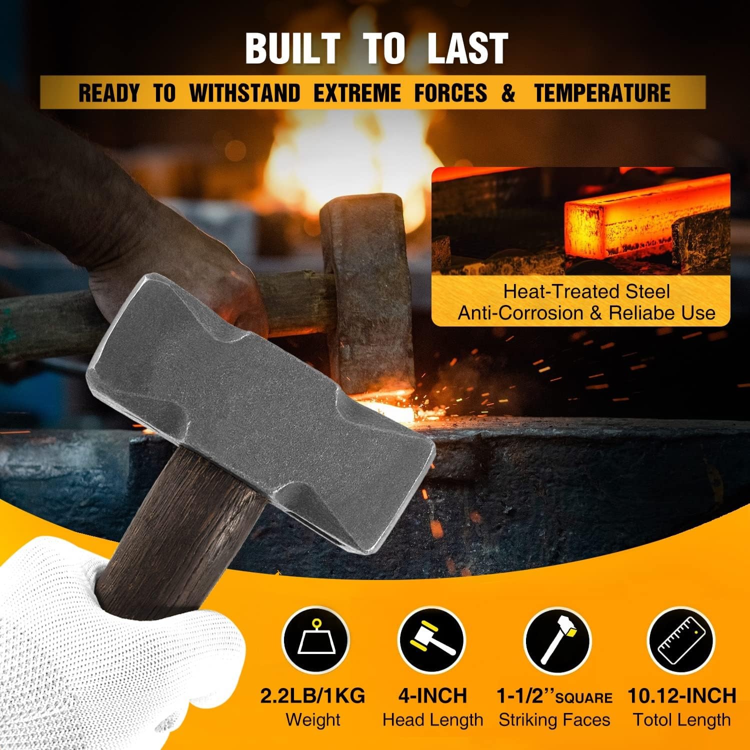 2.2LB Forging Square Hammer for Farrier Bladesmithing Blacksmith Anvil Knife