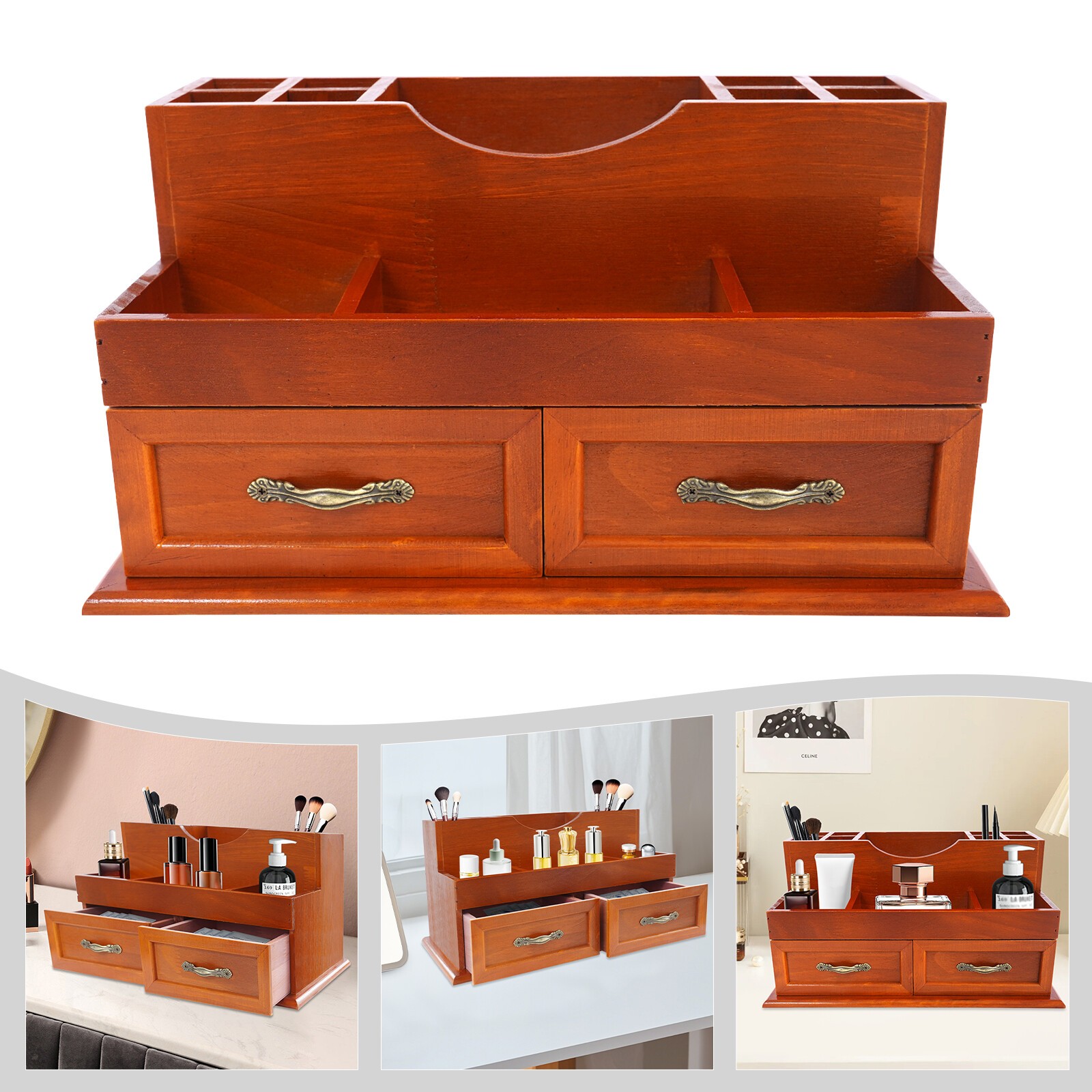 Desktop Storage Organizer 2 Drawers 12-Compartment Retro Brown