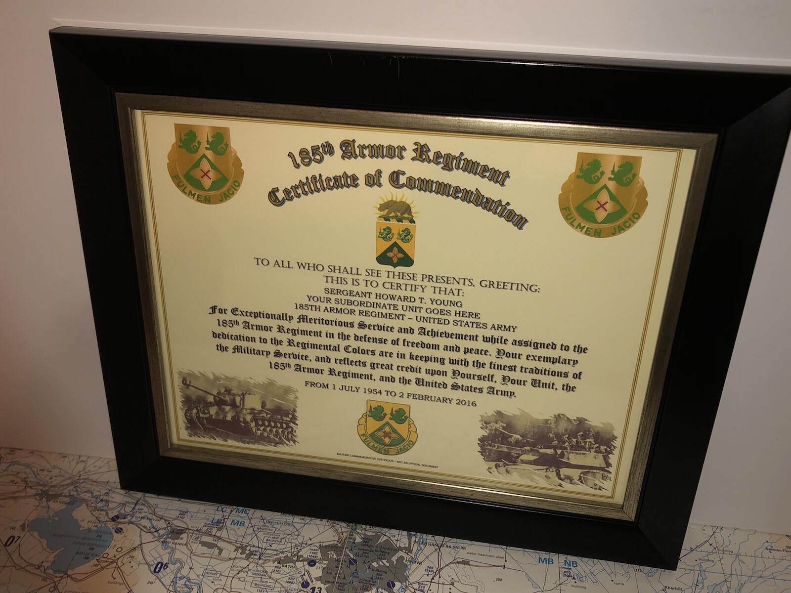 185TH ARMORED REGIMENT / COMMEMORATIVE - CERTIFICATE OF COMMENDATION