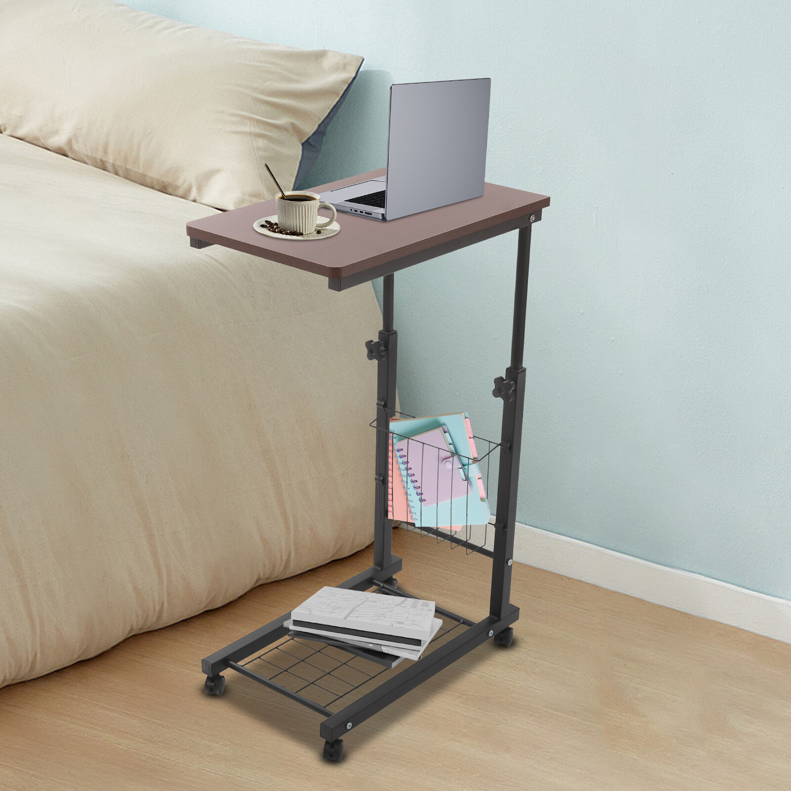 Height-Adjustable C-Shaped Bedside Table 2-Tier Red Walnut with Locking Wheels