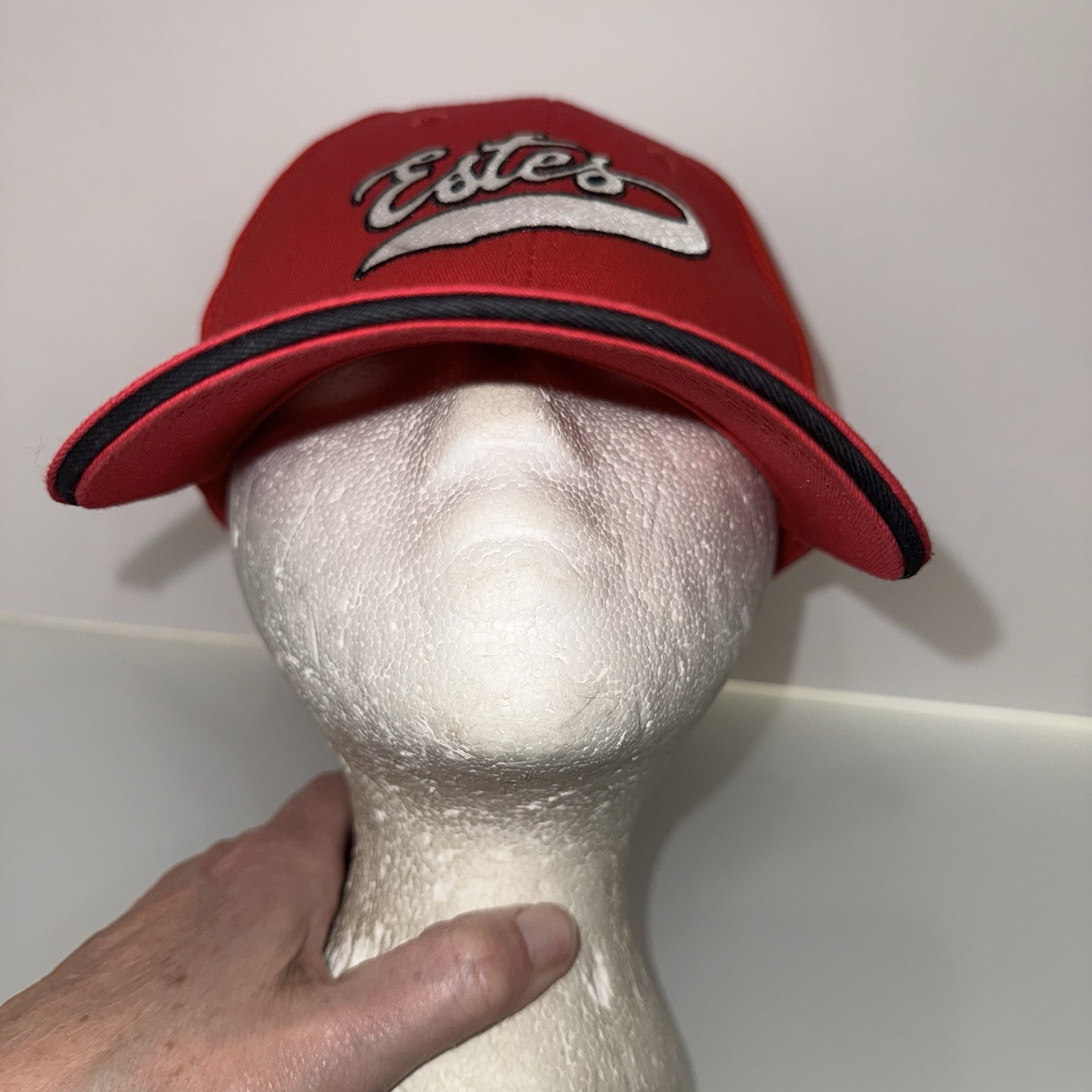 Estes Silver Script w Black On Red Hat Cap Polyester Cotton Hook Loop EUC
