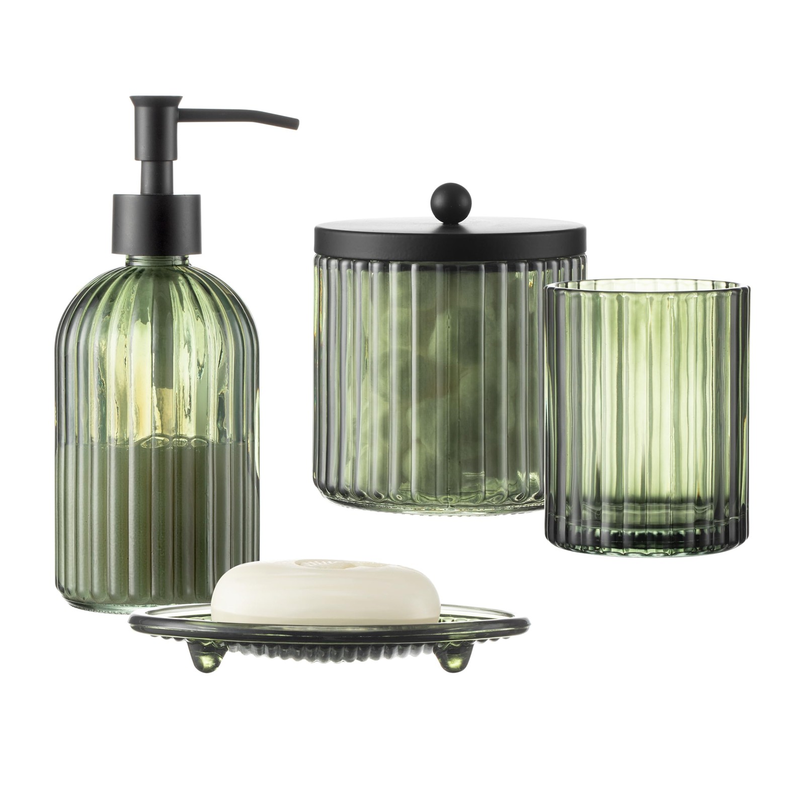 4PCS Olive Green Glass Bathroom Accessories Set, Includes Soap Dispenser, Cot...