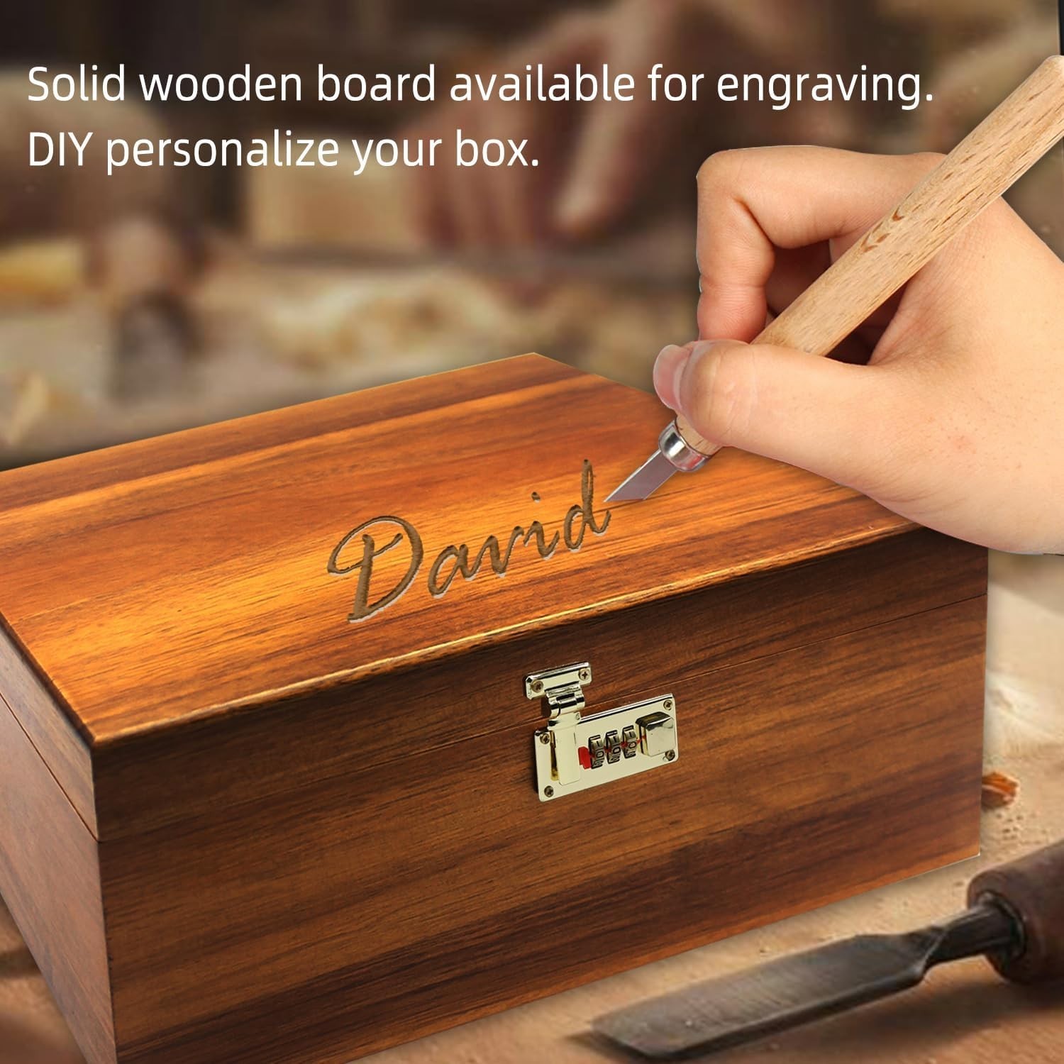 Large Wooden Storage Box with Hinged Lid & Combination Lock Keepsake Chest