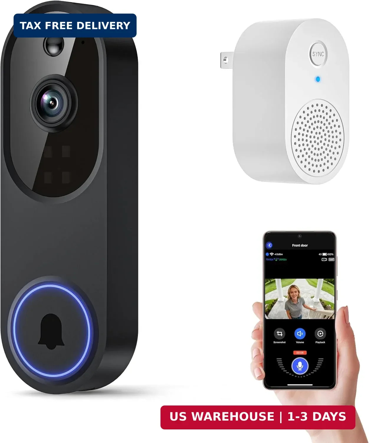 Orbitell 1080p Wireless Wi-Fi Video Doorbell Camera with Two Way Audio, Night Vi