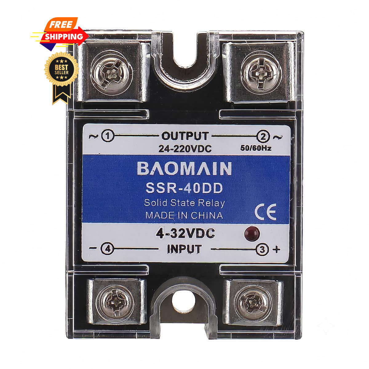 BAOMAIN 40A DC to Solid State Relay SSR-40DD, in 4-32V, Out 24-220V