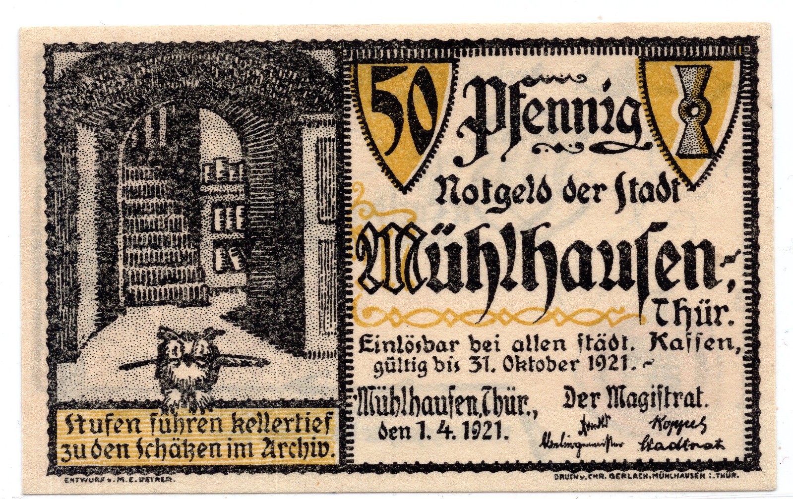 1921 Germany Muhlhausen Notgeld 50 Pfennig Note (2478)