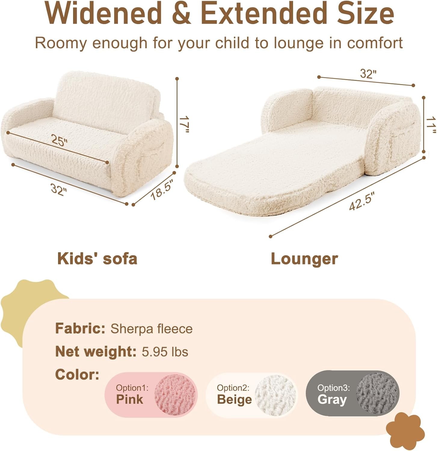 2-in-1 Sherpa Fold Out Kids Couch Extra Wide Comfy Toddler Chair Convertible NEW