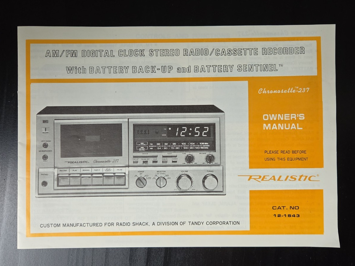 Vtg Realistic Chronosette-237 AM/FM Clock Stereo Cassette Recorder Manual ONLY
