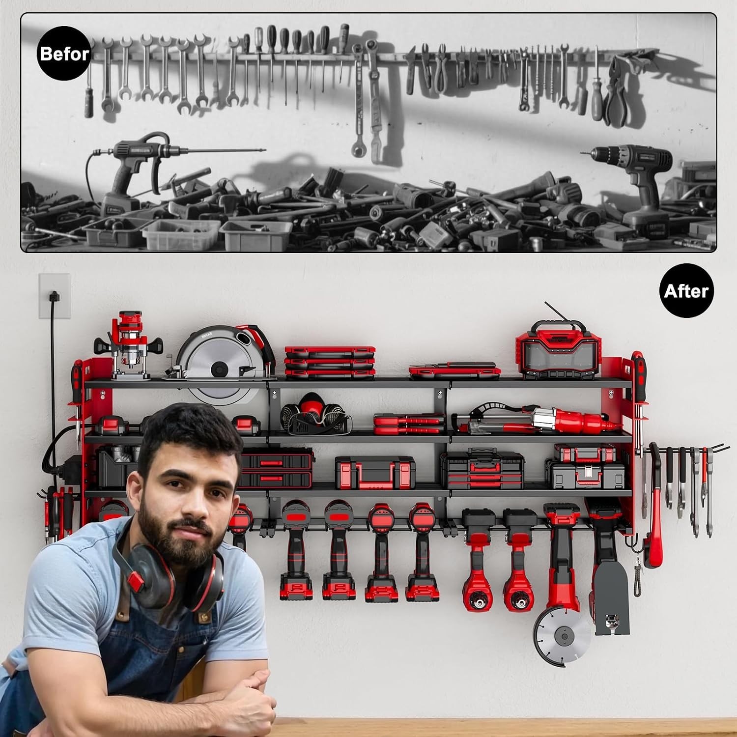 Sturdy Wall-Mounted Tool Rack with Pegboard Design & 4-Outlets for Power Tools