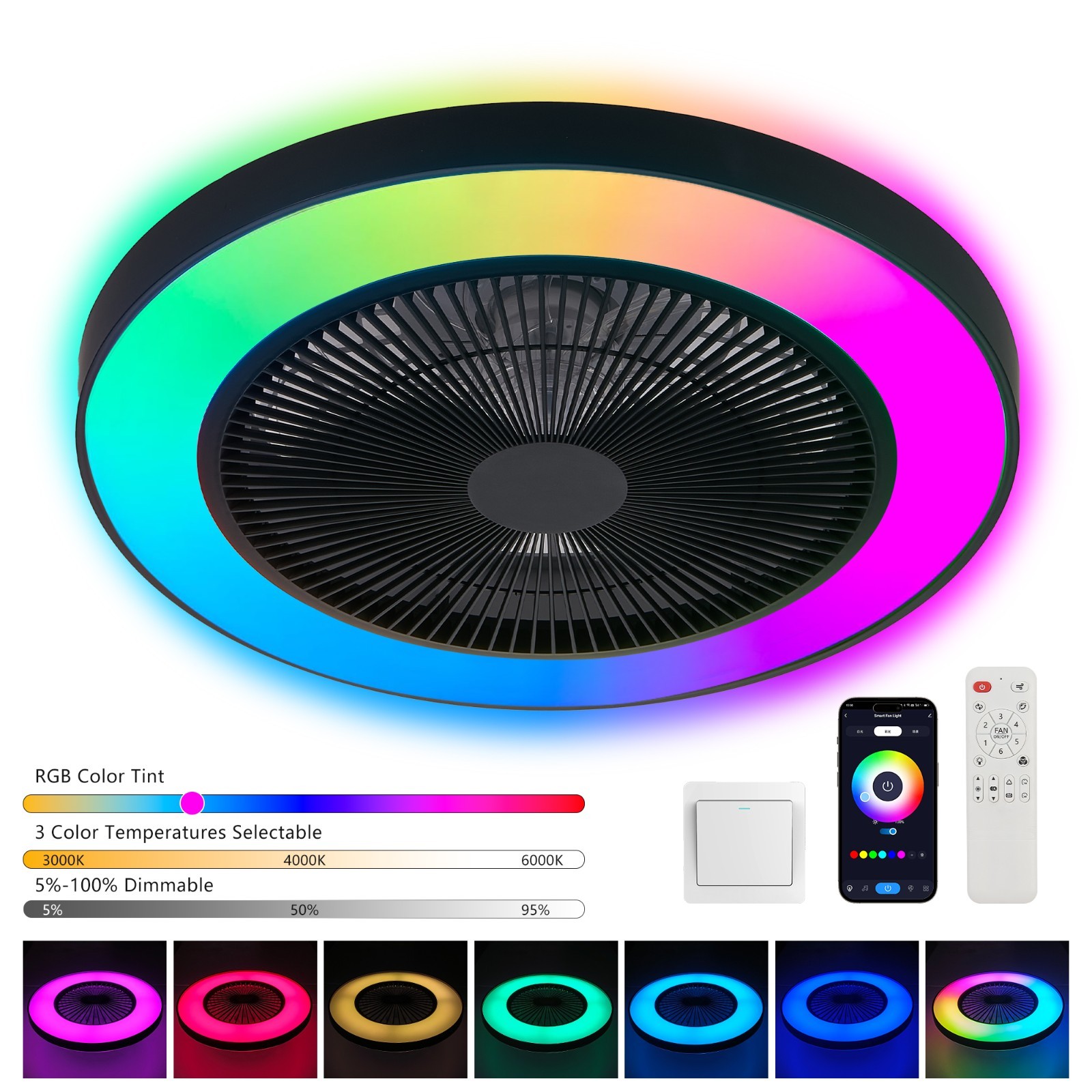 19" RGB LED Smart Ceiling Fan Light – Dimmable, APP/Remote, Silent Reversible DC