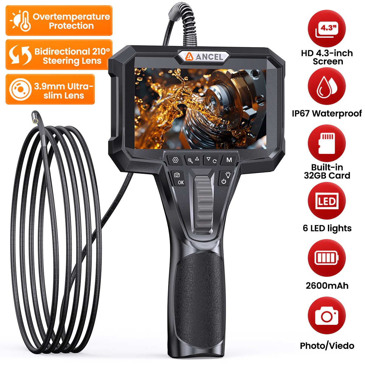1080P HD Endoscope Industrial Borescope Inspection Camera with 4.3" IPS Screen