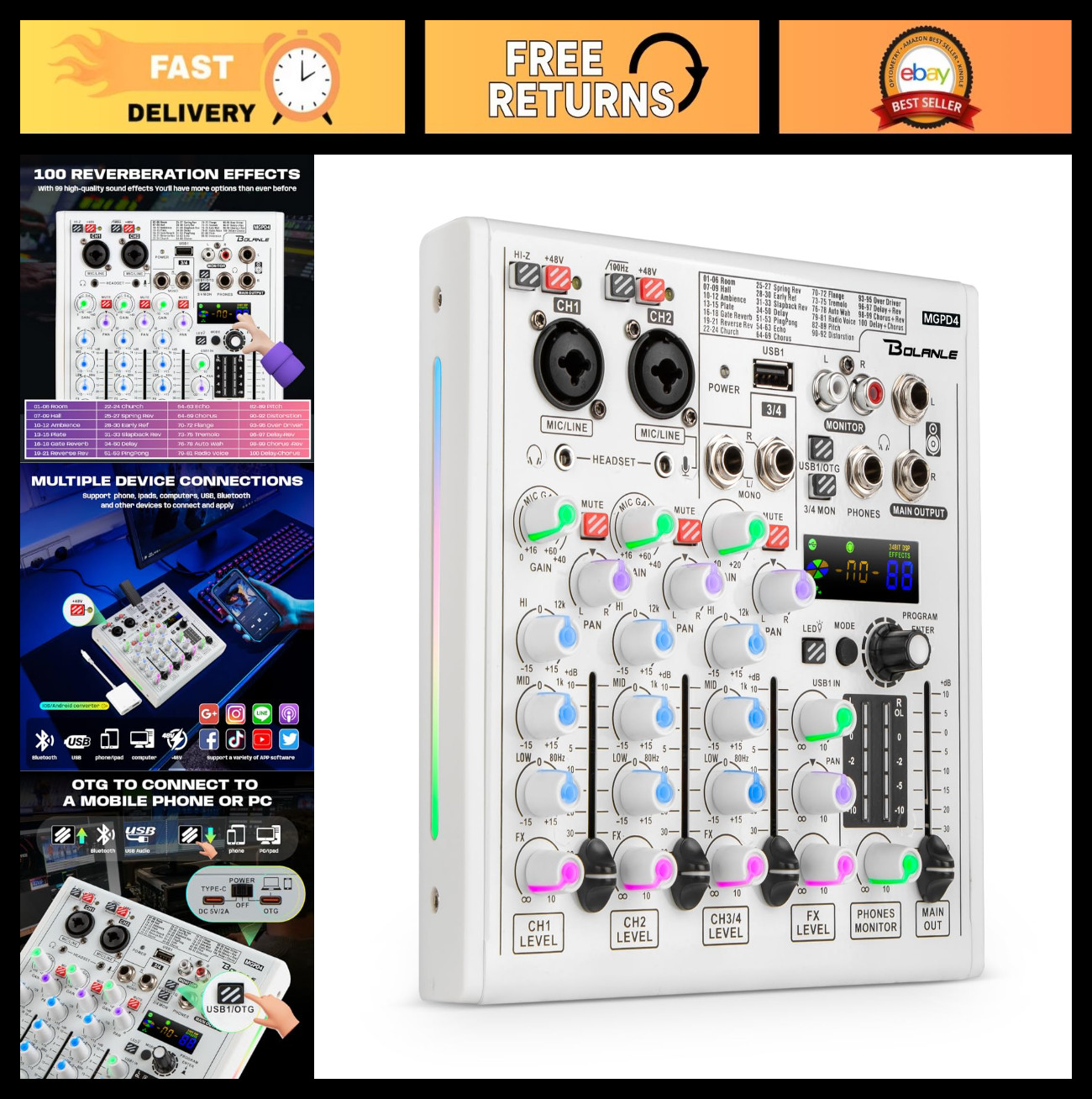 4-Channel DJ Mixer with 100 DSP Effects, USB & Bluetooth - Pro Sound Card for Po
