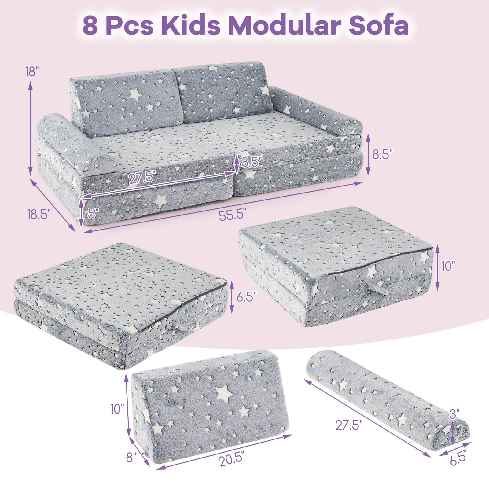 8PCS Modular Kids Play Couch w/Handles Machine Washable Covers for Building Fort