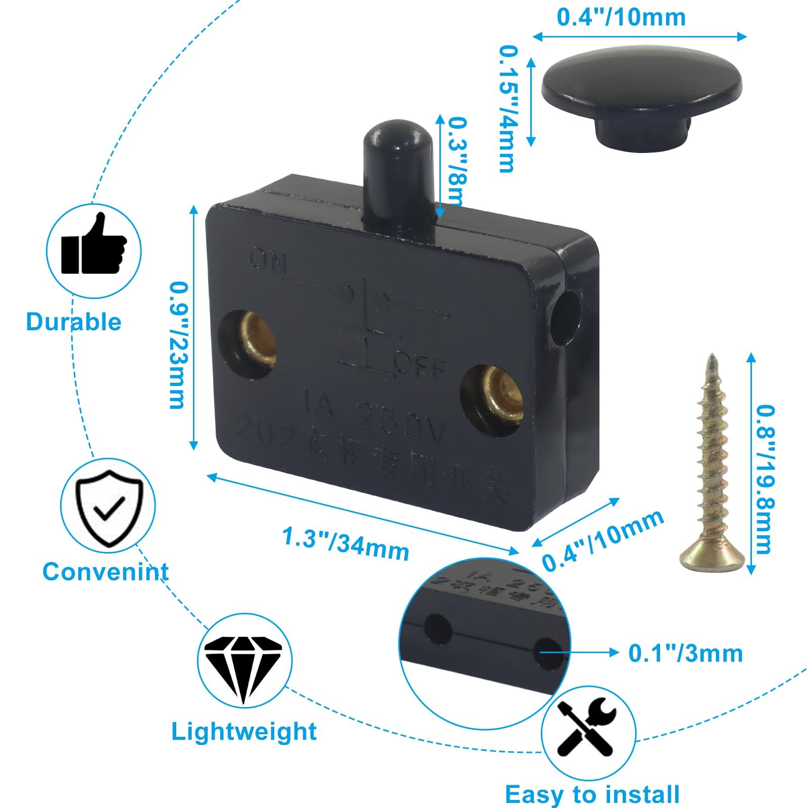 Rierdge 2 Pcs Automatic Switch for Cabinet Light, On Off Touch 2 PCS, Black
