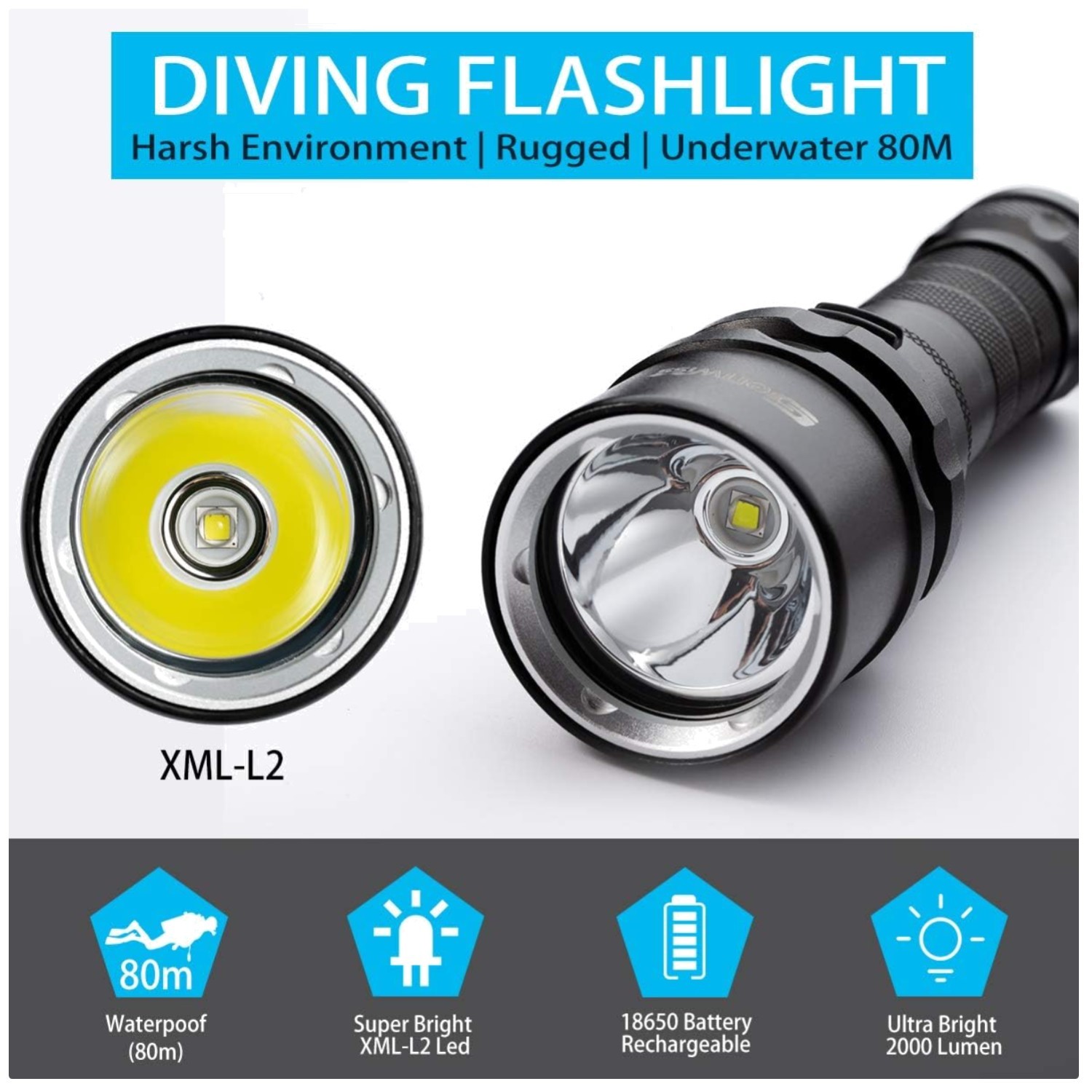 2000 Lumen Waterproof Dive Torch with Charger