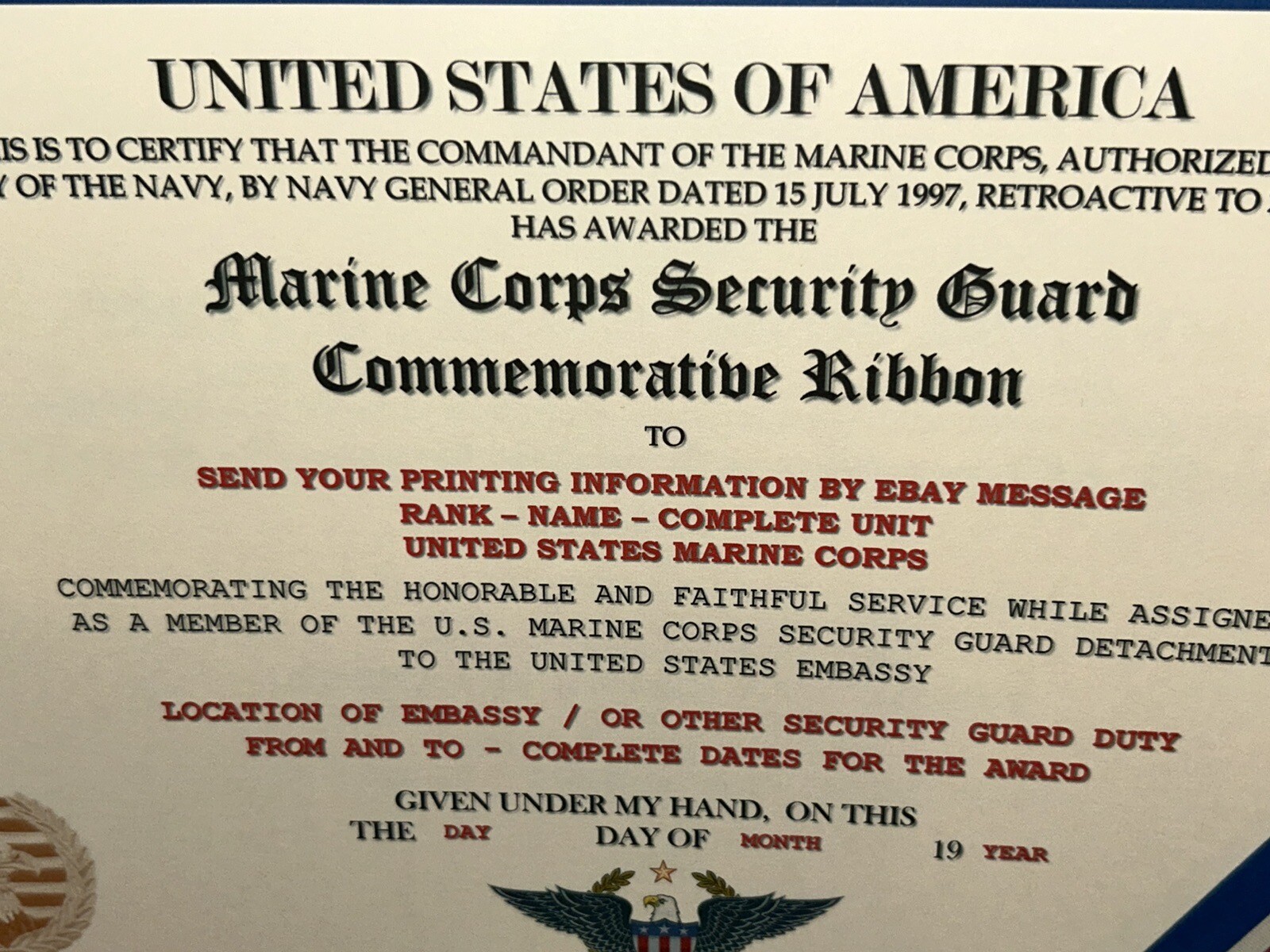MARINE CORPS SECURITY GUARD RIBBON COMMEMORATIVE CERTIFICATE ~ W/PRINTING TYPE-1