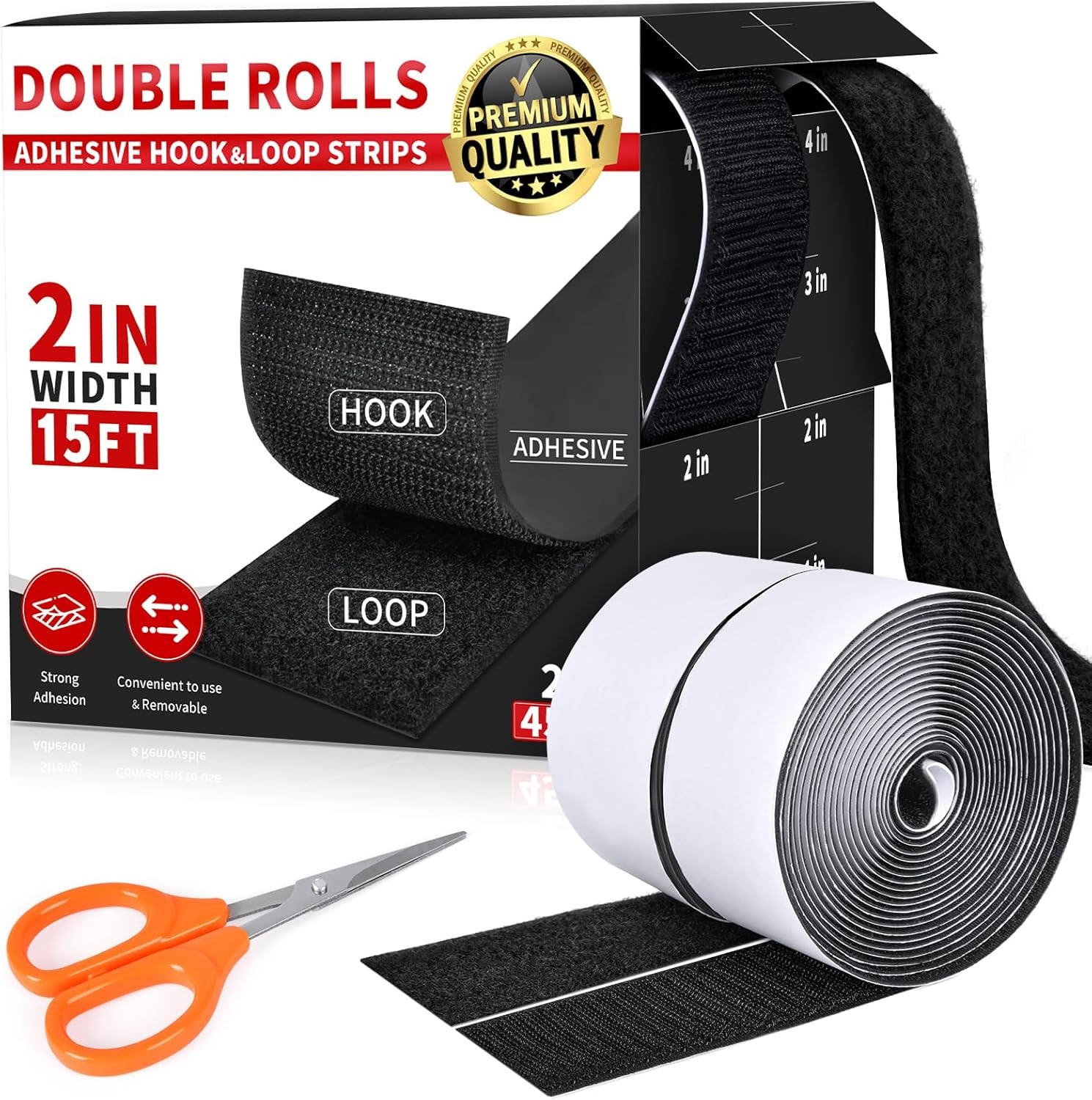 2 Inch x 15Ft Hook and Loop Strips with Adhesive, Double 2 In x 15Ft, Black