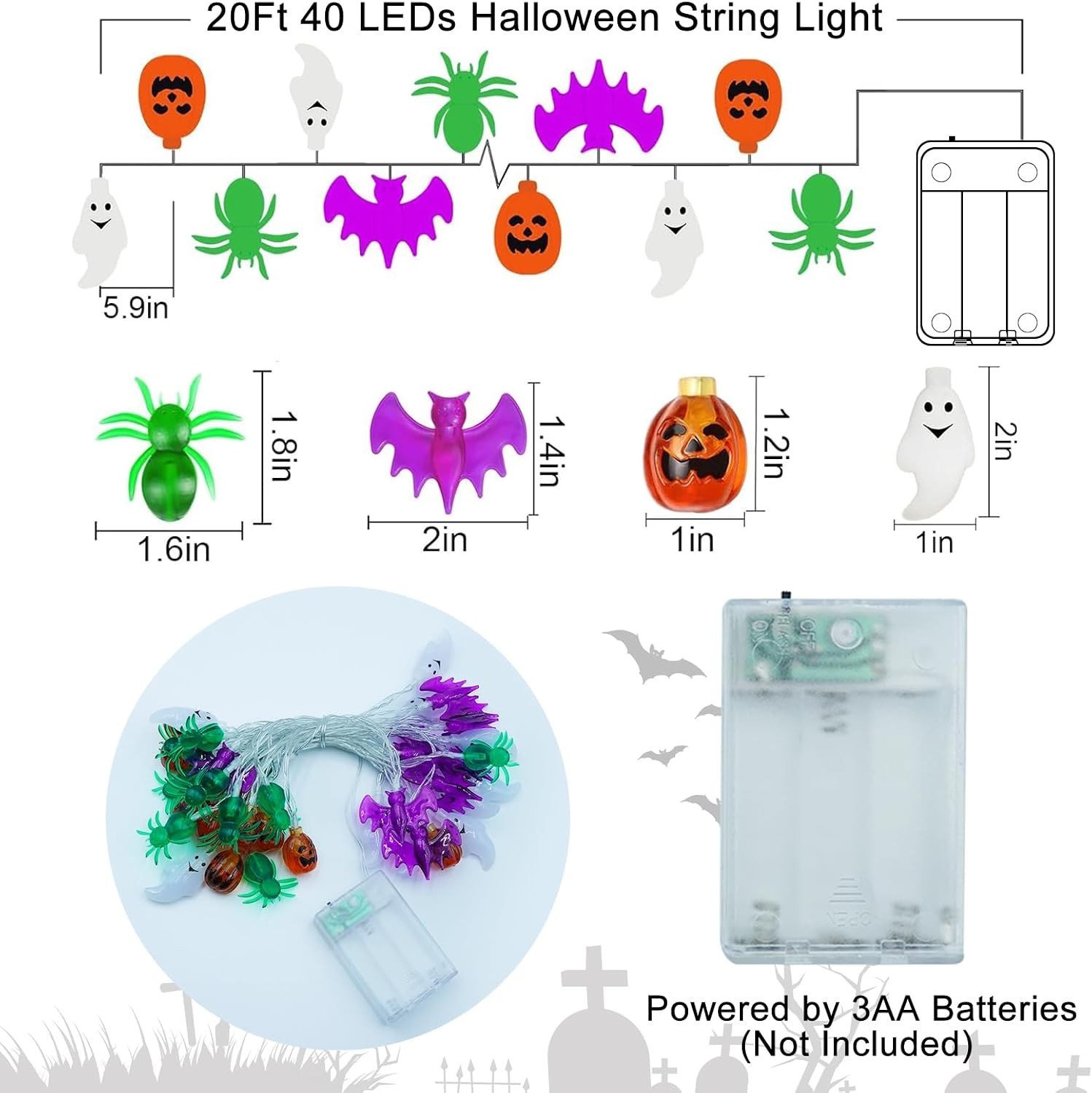 Battery-Operated 20FT Waterproof Halloween Twinkle Lights - Pumpkins & Ghosts