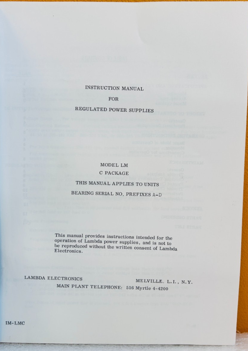 Lambda IM-LMC Model LM C Package Prefixes A-D Instruction Manual.