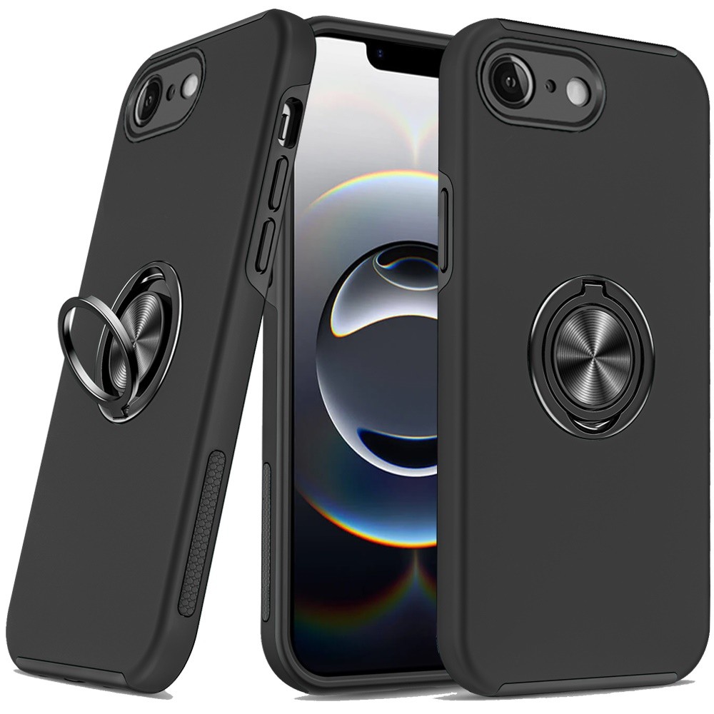For iPhone 16e/17e Case Rubberized Dual Layer Metal Ring Stand + Tempered Glass