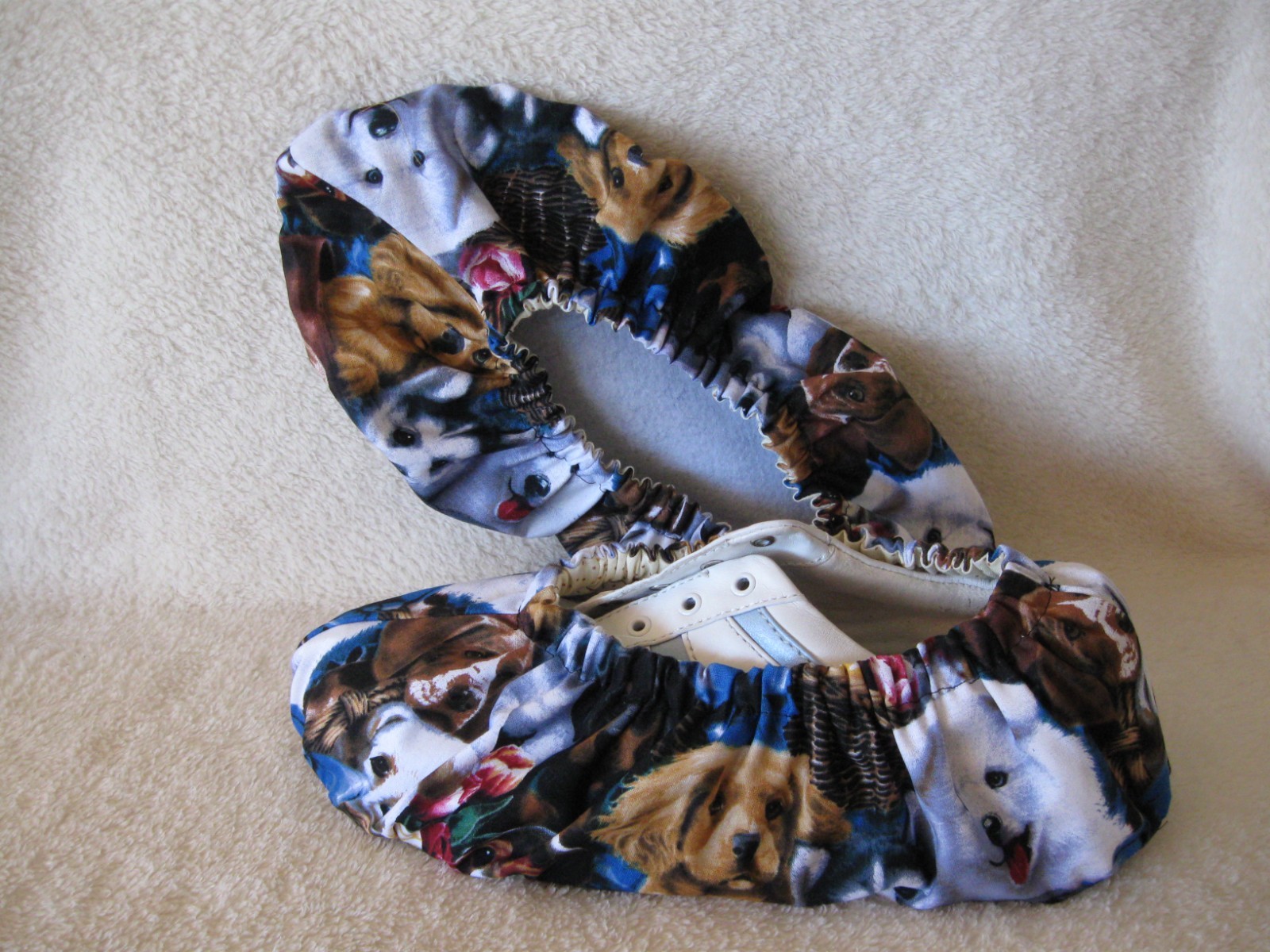 Ladies bowling shoe covers. Cute dogs. Handmade. Cotton, lined with vinyl soles.