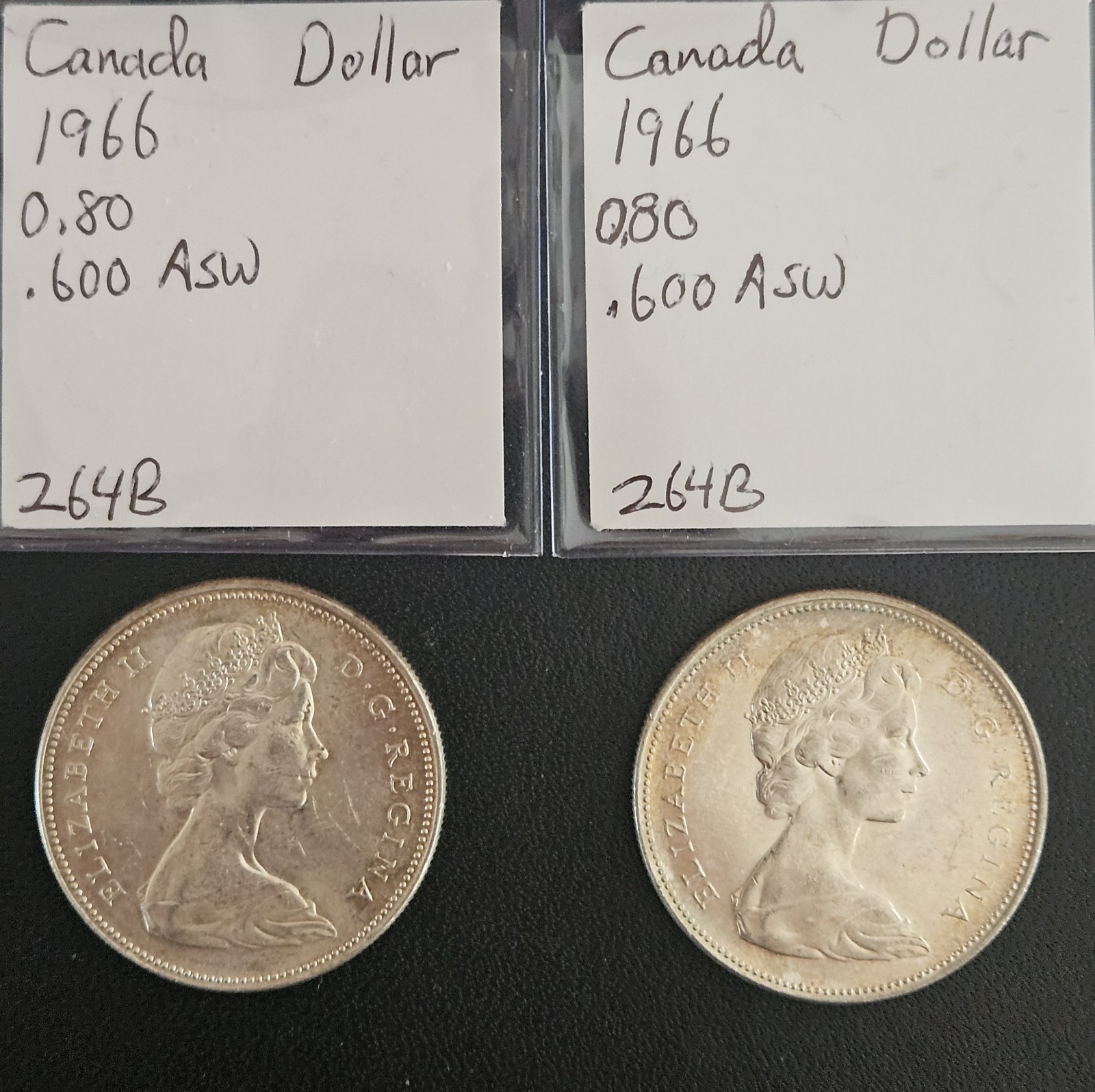 Two 1966 Canada Silver Dollars. 80%. Elizabeth II. Nice Light Toning.      CANAS