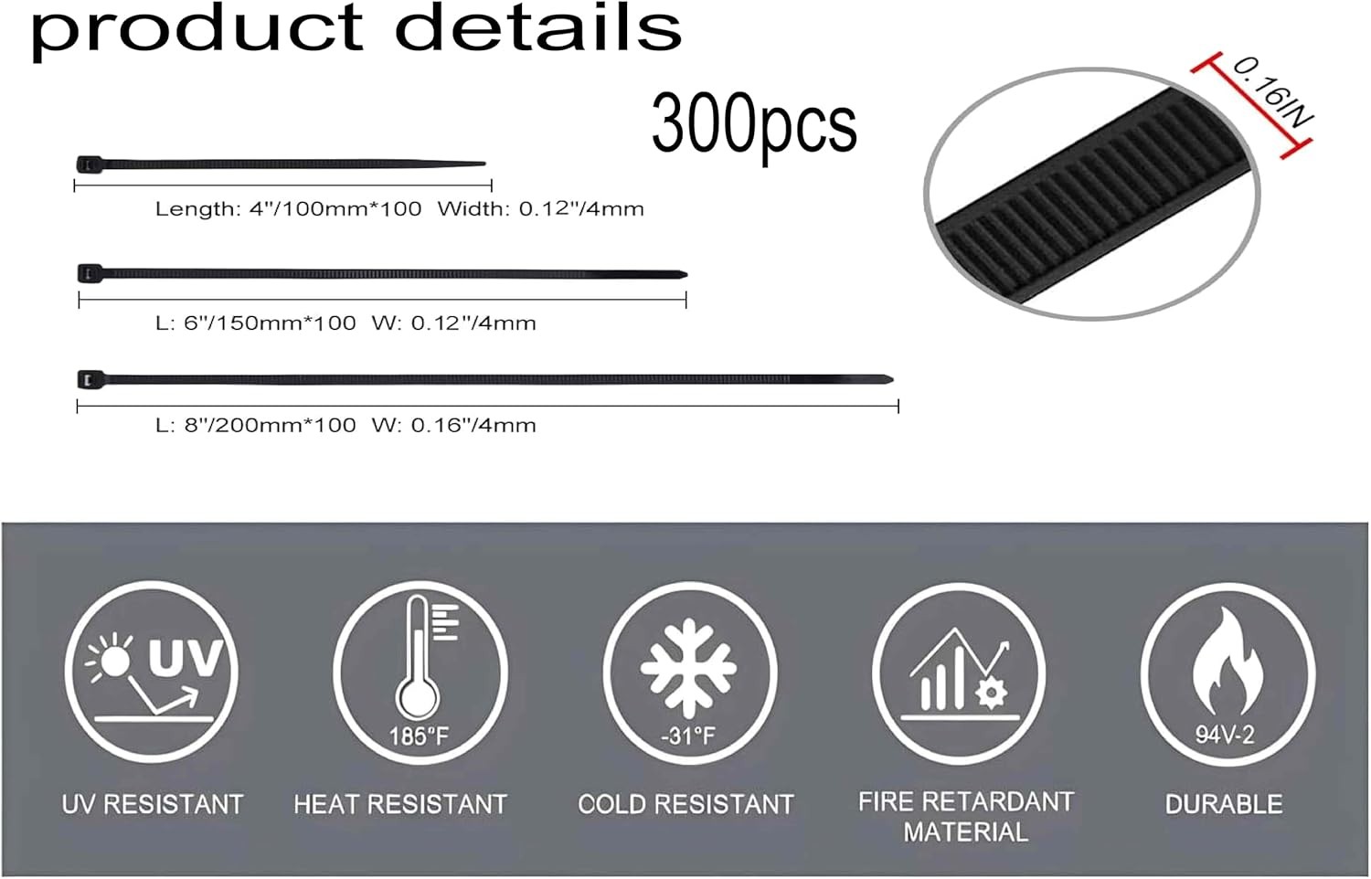 300PCS Nylon Cable Ties Assorted 4-8", LANGTSA