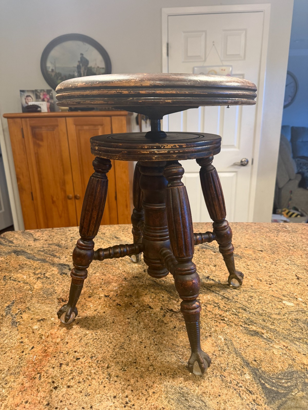Antique Piano Swivel Wood Stool Glass Ball Brass Claw Feet. See Video FREE SHIP