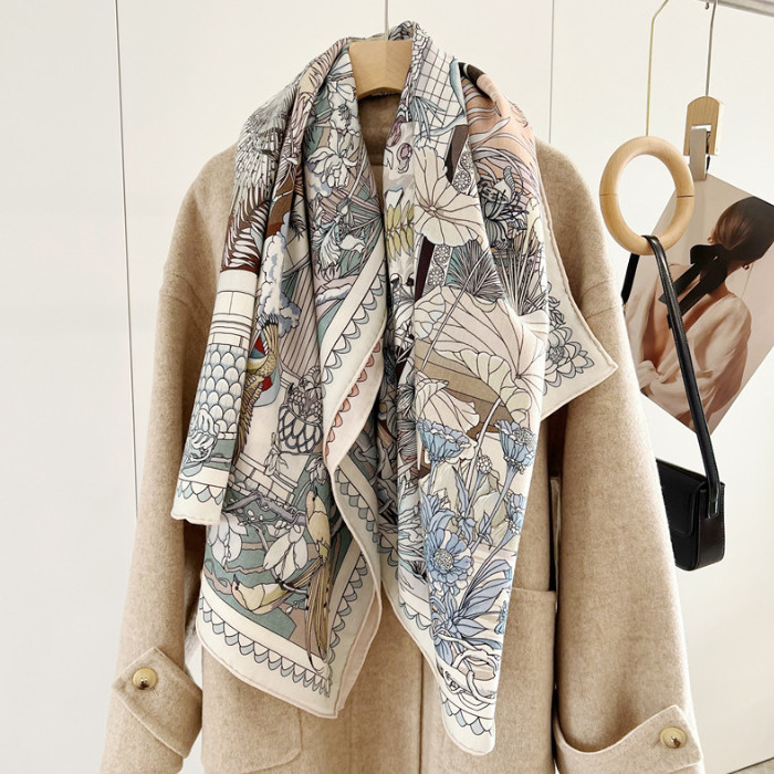 70%Cashmere 30% Silk Wrap Scarf Flower Forest Print Double Face Print Shawl 53''
