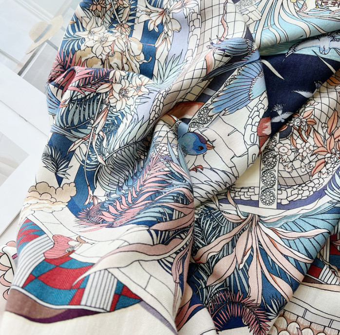 70%Cashmere 30% Silk Wrap Scarf Flower Forest Print Double Face Print Shawl 53''