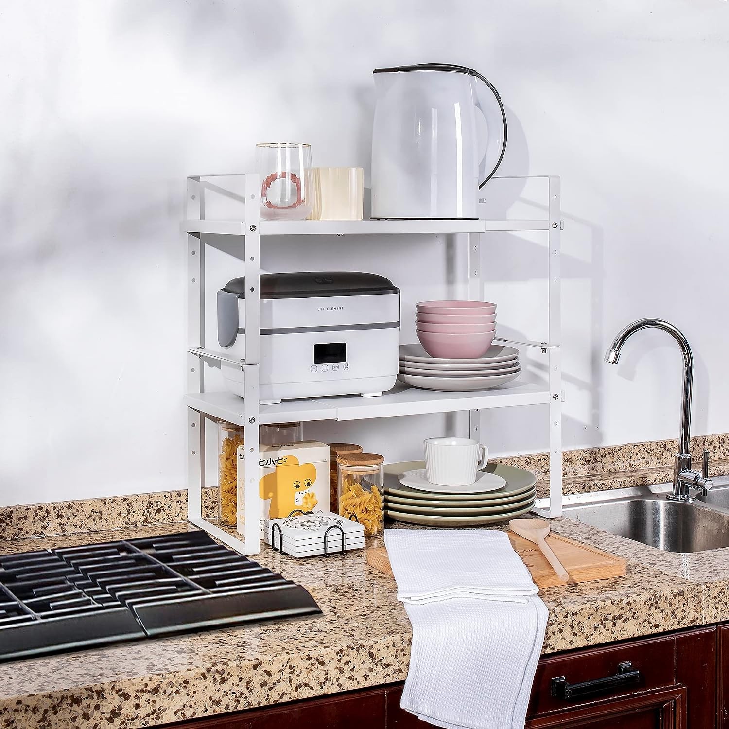 Expandable Cabinet Shelf Organizer Rack Stackable Kitchen Counter Storage