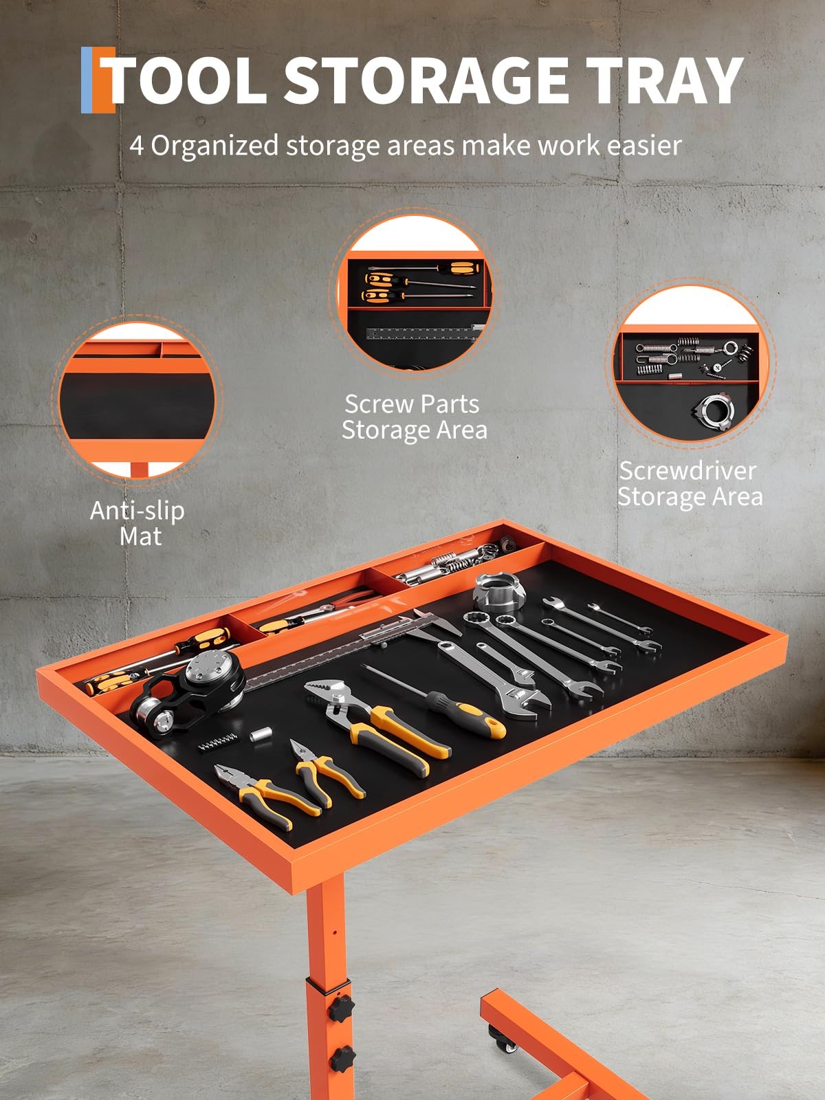 220LBS Heavy Adjustable Rolling Work Table with Tool Tray - Height 38"-45" Duty