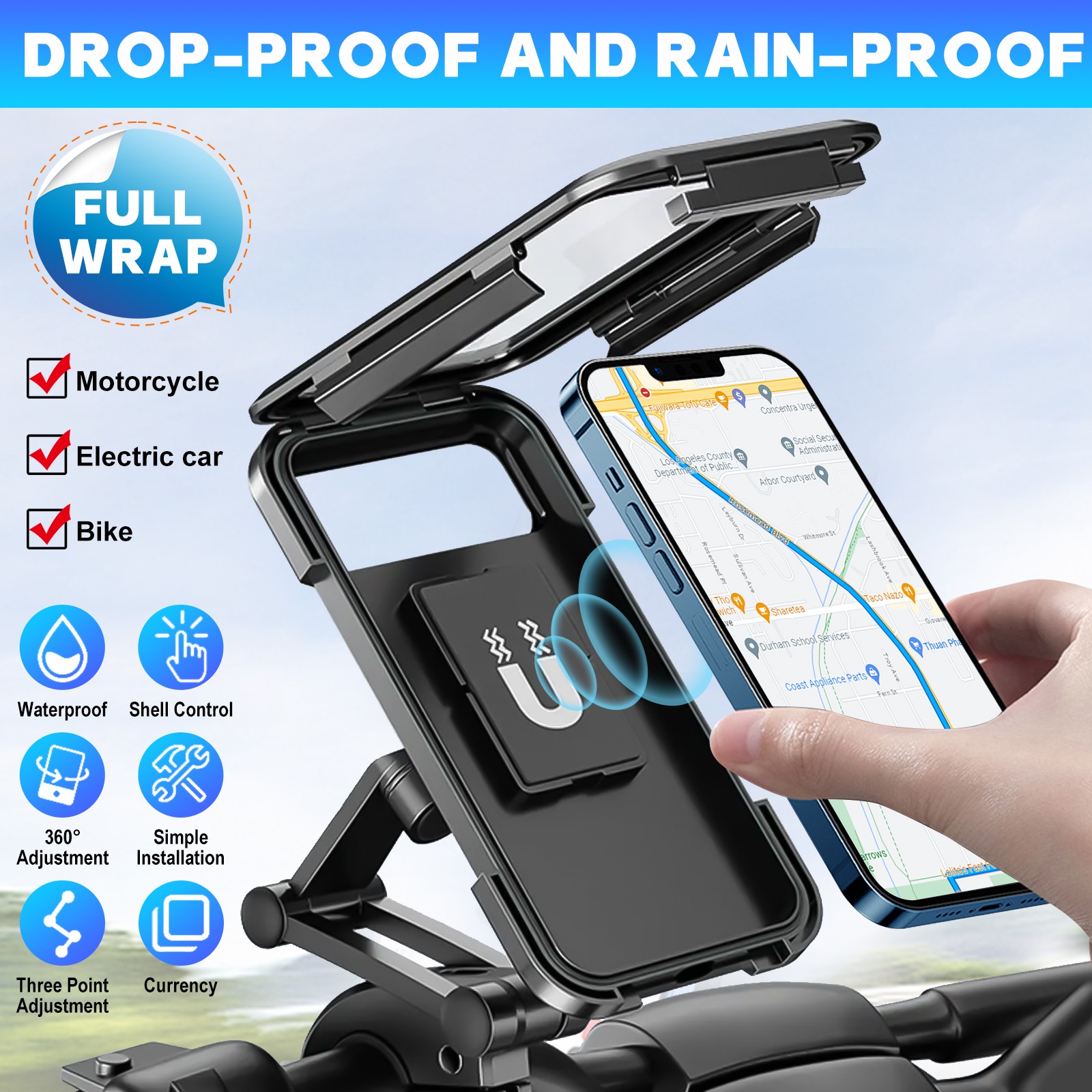Motorcycle Bicycle Phone Mount Waterproof Case 360° Rotatable Handlebar Holder