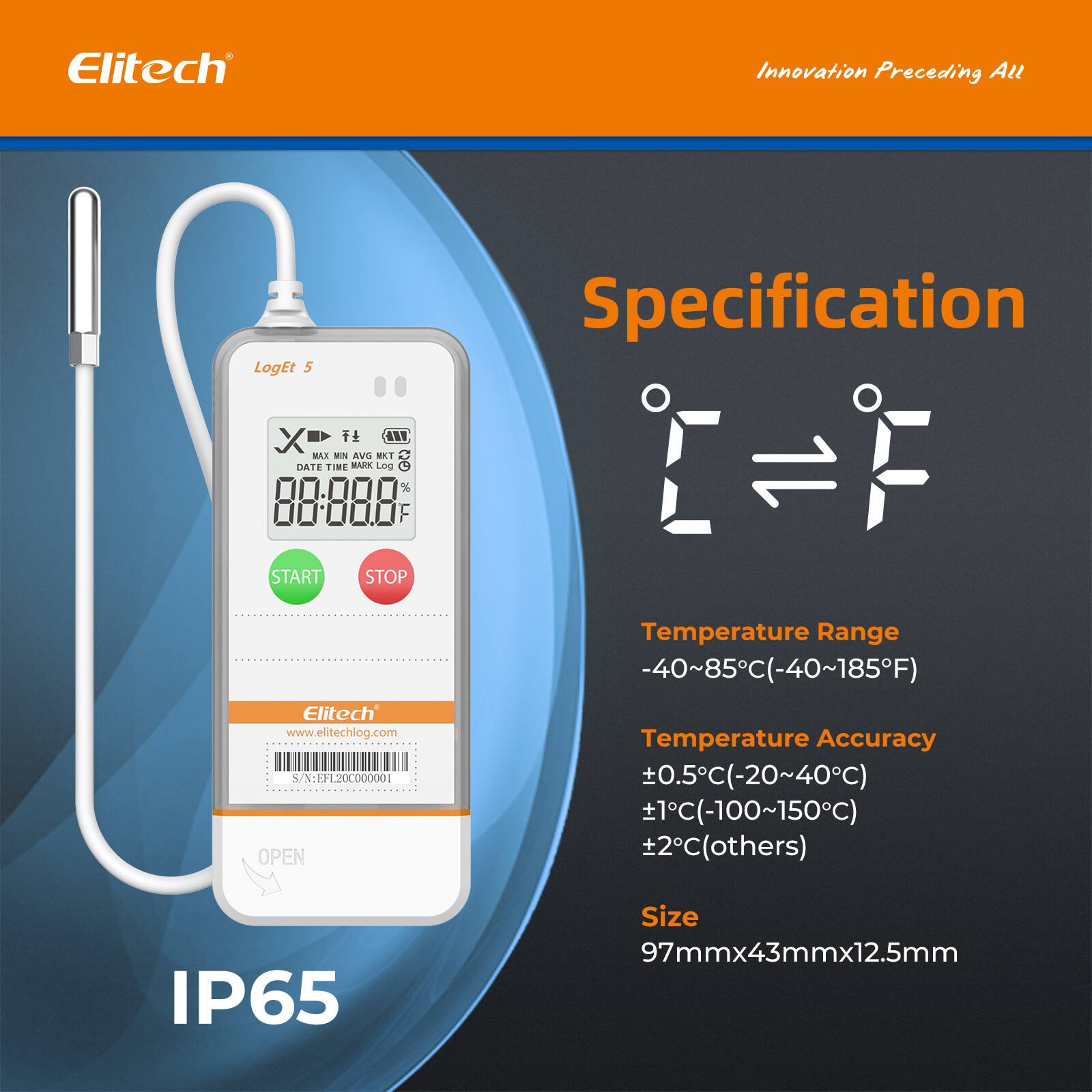 Elitech Reusable Temperature Data Logger External Probe LogEt5-TE -40°F~185°F