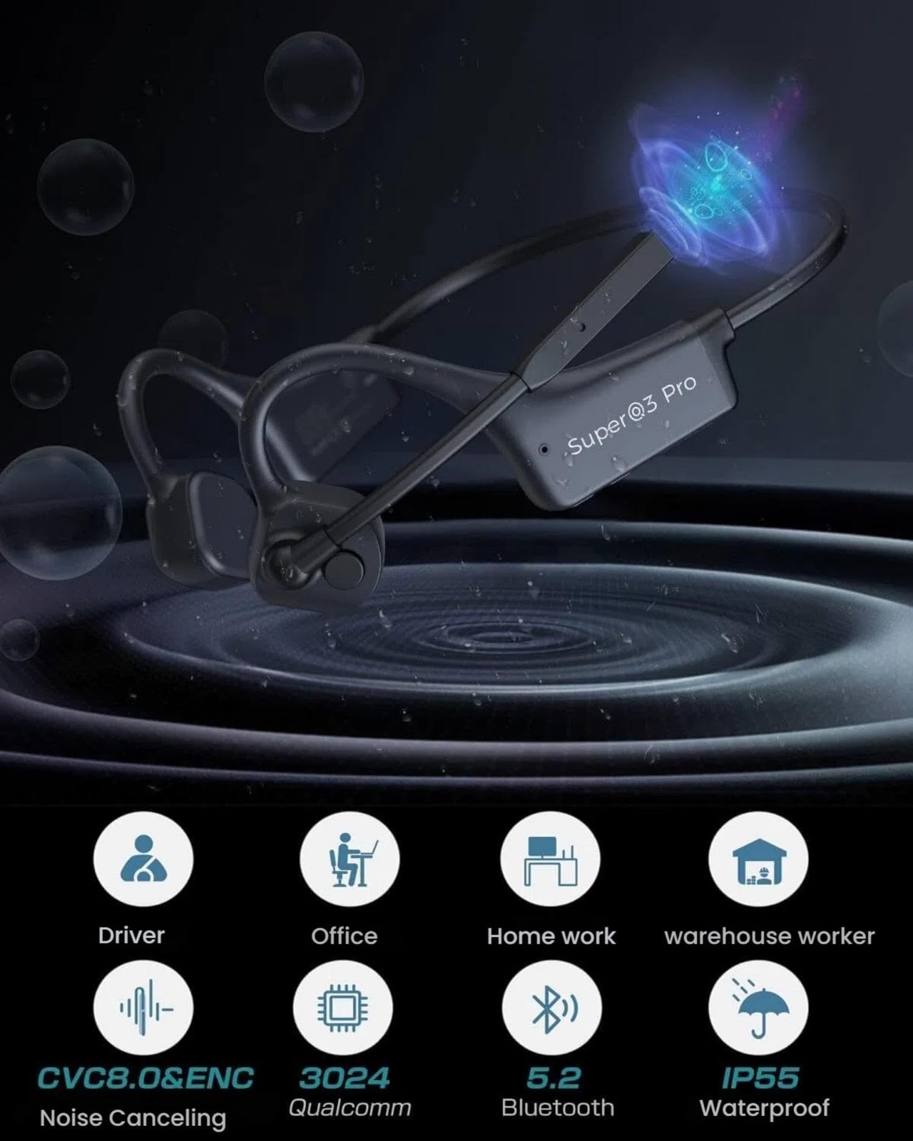 Bone Conduction Bluetooth Headphones with ENC Boom Mic Wireless Computer Head...