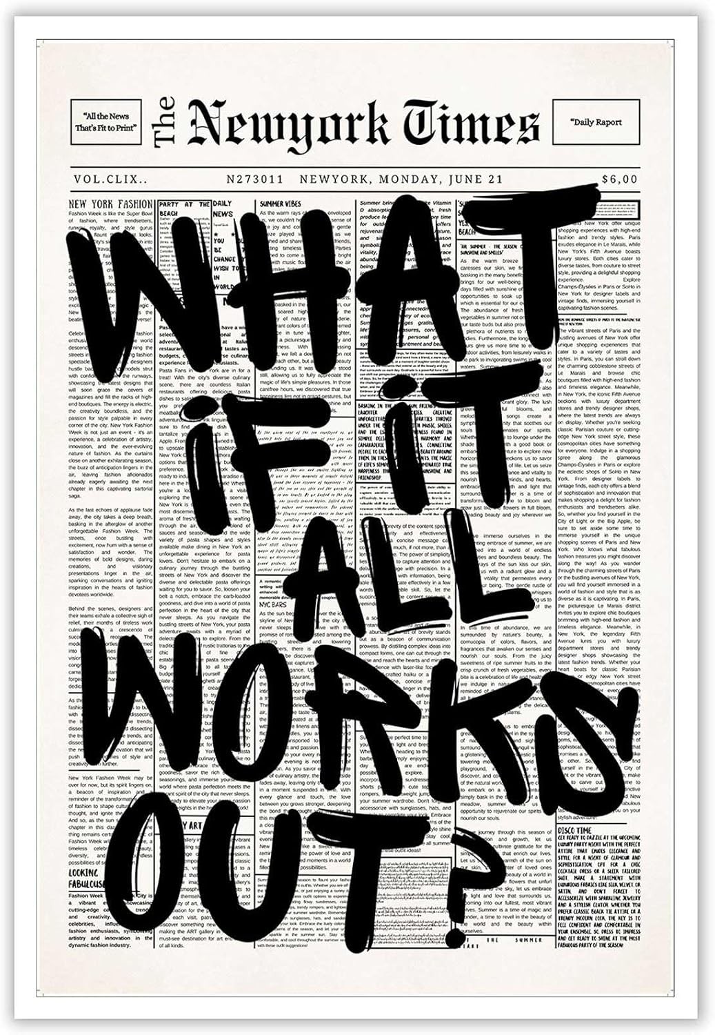 Retro Black And White Newspaper Poster What 8L x 12W, 04 Unframed