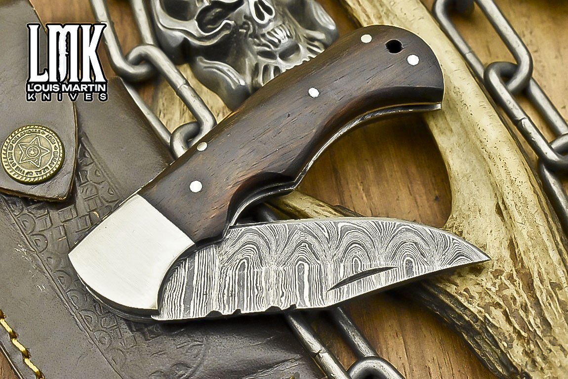 LMK Handmade Twist Damascus Folding Knife Walnut Wood Back Lock EDC