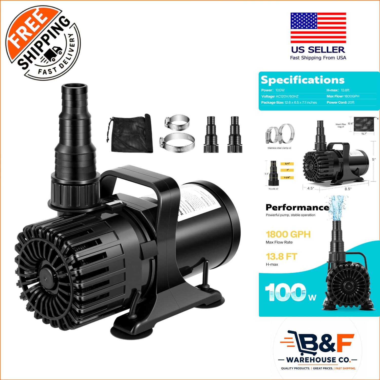 Versatile 100W Water Pump - 1800GPH, 13.8ft Lift, Ideal for Aquatic Features