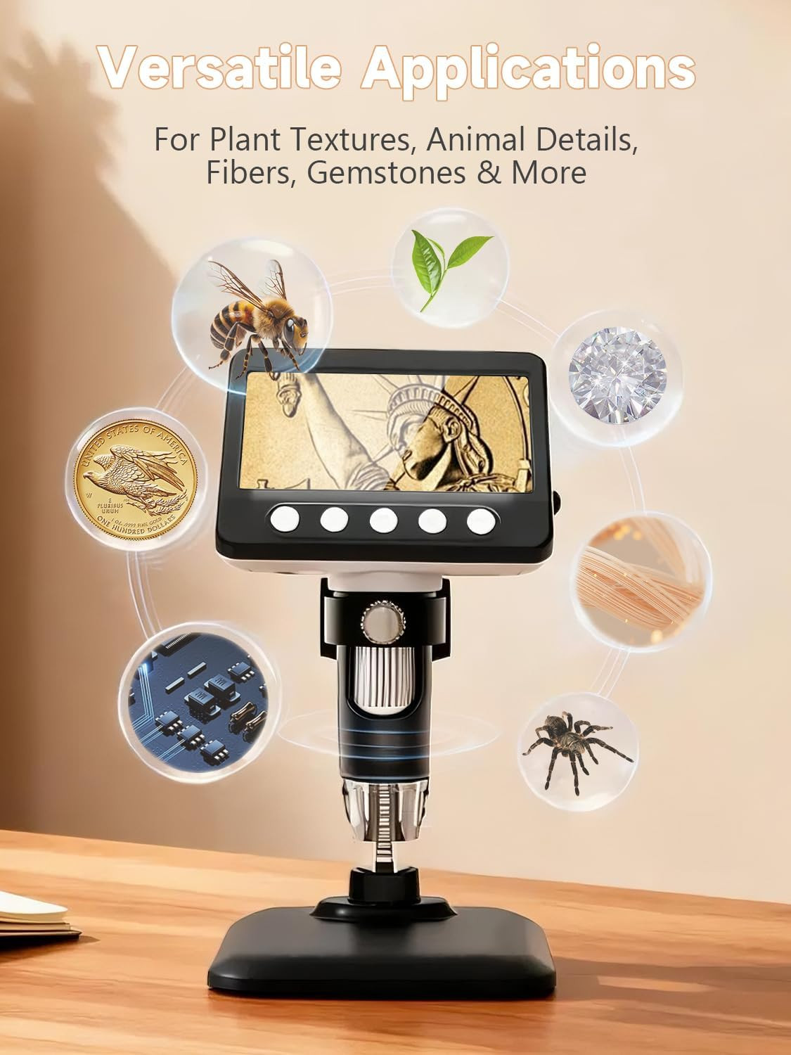 Coin Microscope, 4.3" LCD USB Digital Microscope 1000X Coin Magnifier with 8 Adj