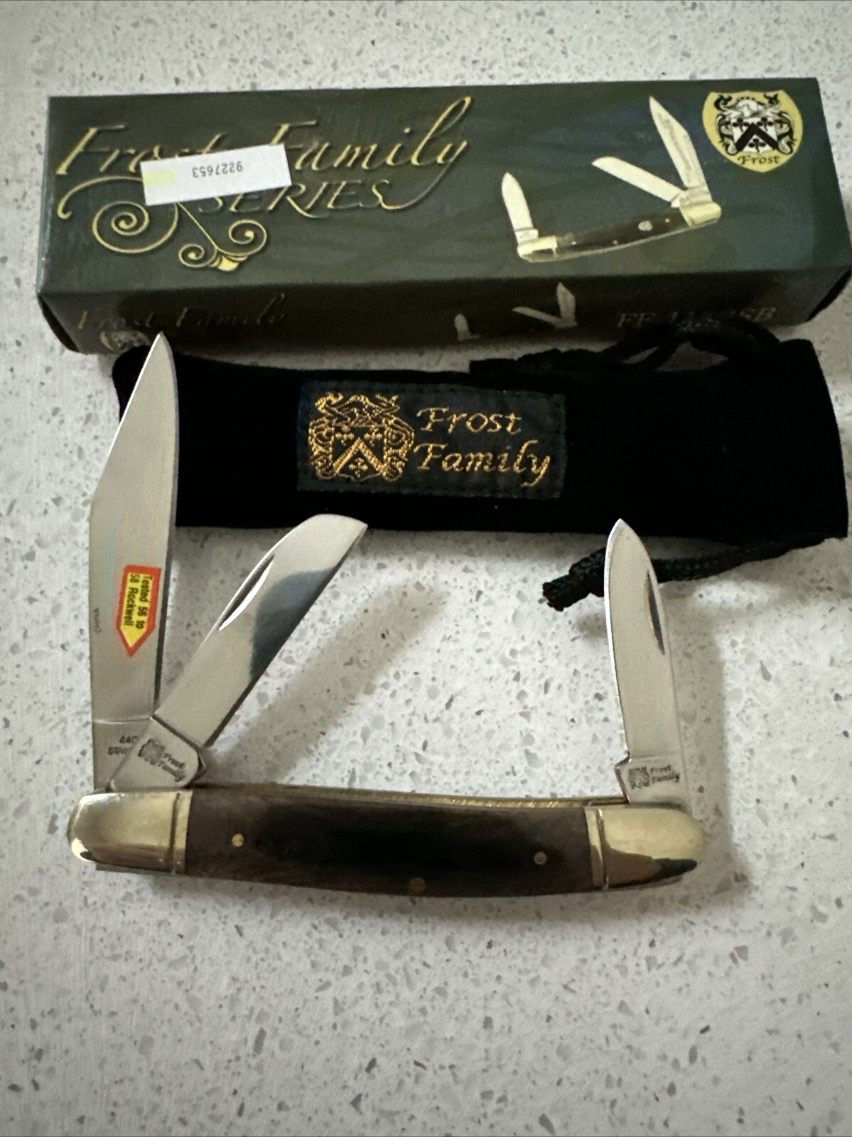 FROST FAMILY SERIES POCKET KNIFE 4" STOCKMAN 3-BLADES 440S.S. BLACK SMOOTH BONE