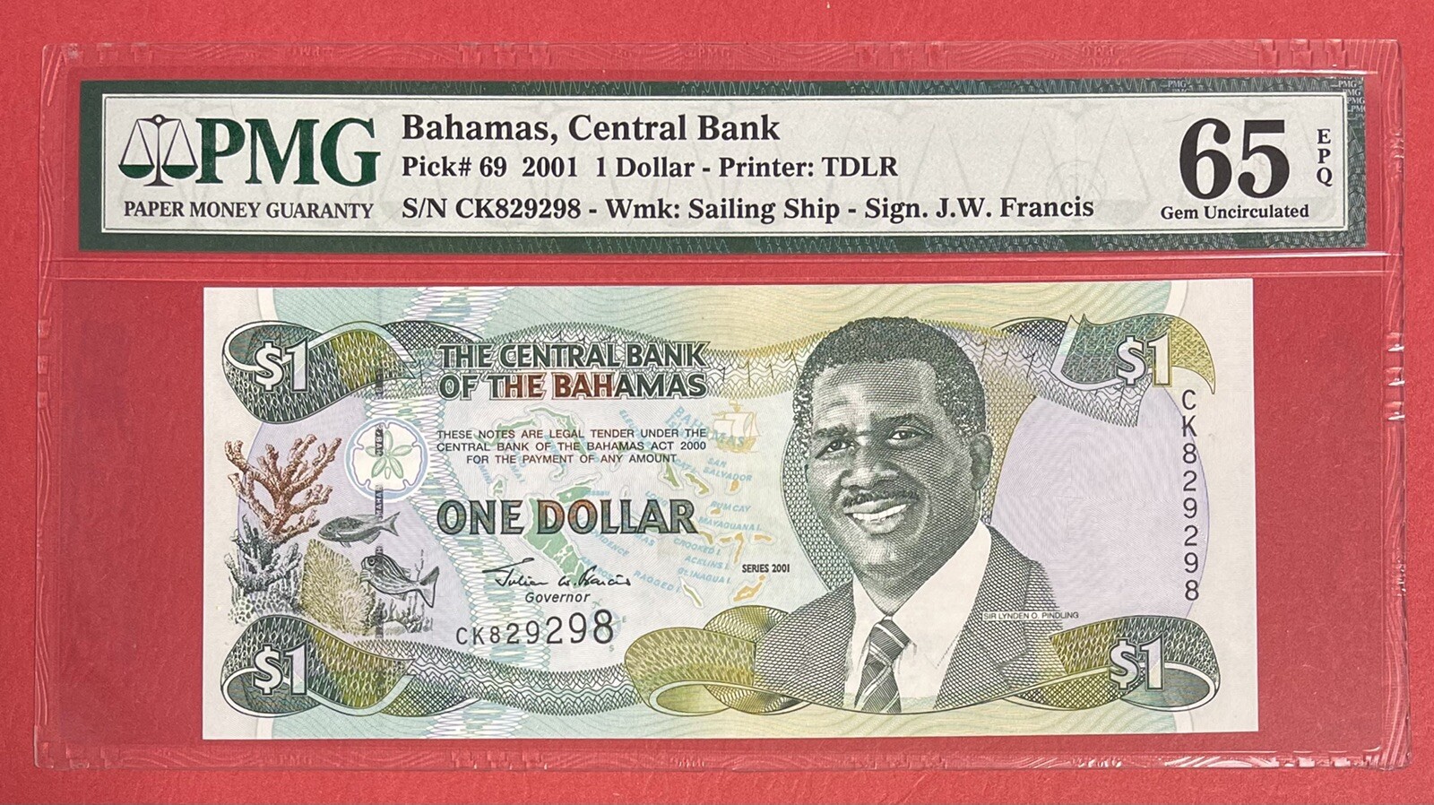 Bahamas $1 Dollar 2001 Pick# 69 PMG: 65 EPQ GEM UNC. (#2593)