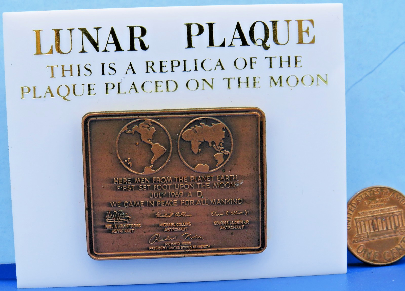 NASA Paperweight PLAQUE vtg Apollo 11 Replica of Plaque on MOON Collins