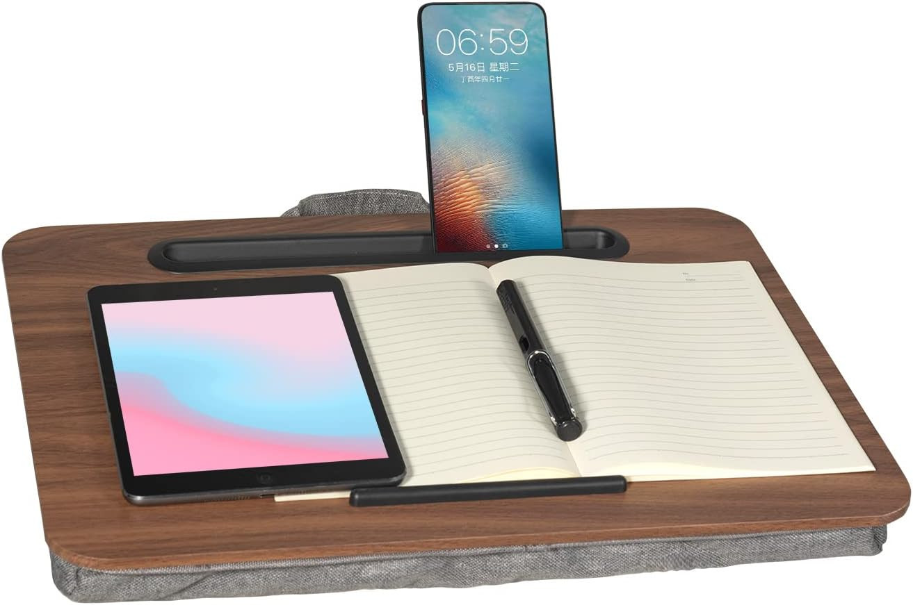 Portable Laptop Desk Fits up to 16“ Laptops, with Tablet Slot, Built-In Cushion,