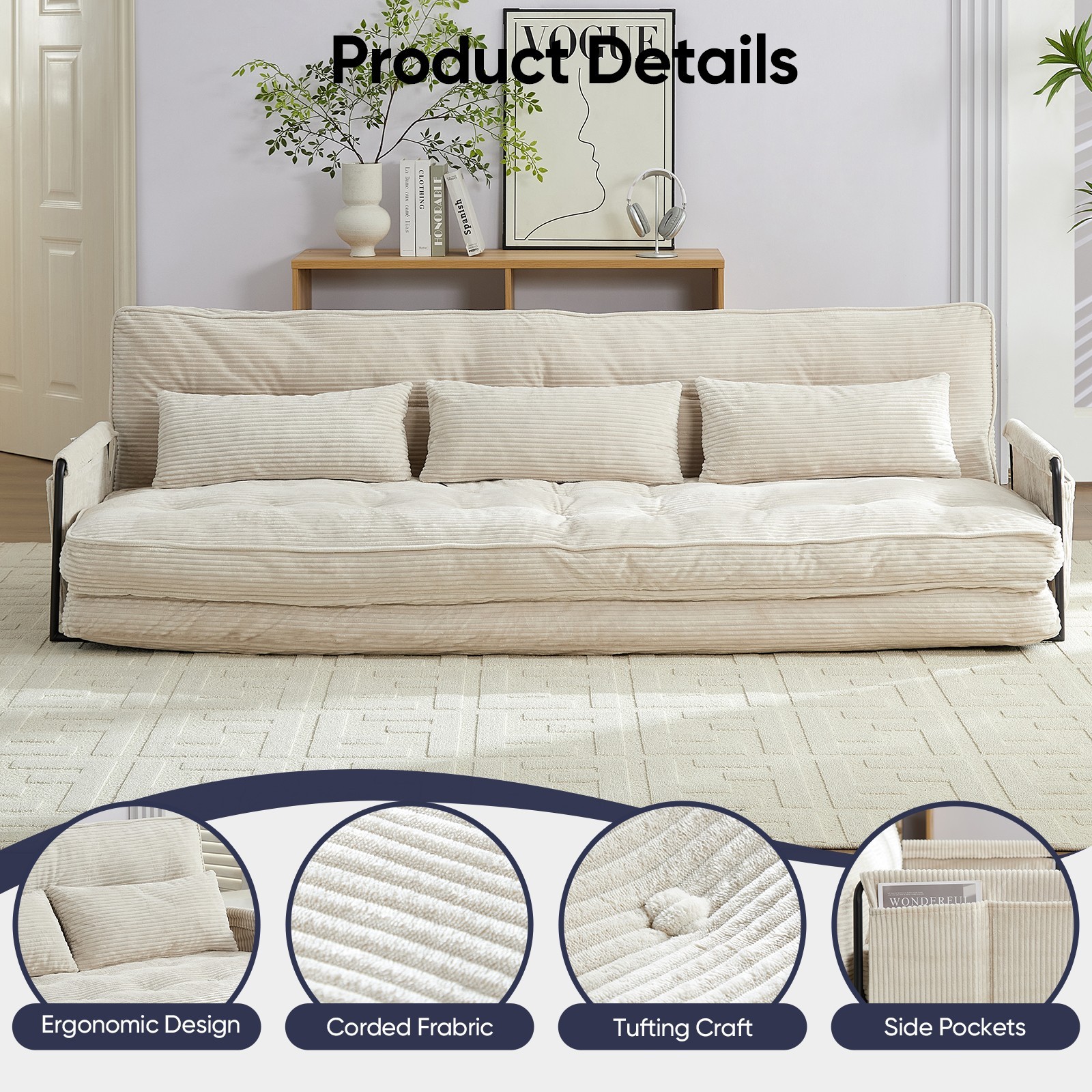 Zafly Sofa Bed Couch Sleeper Convertible Fold-Out Bed Couch With Side Pockets